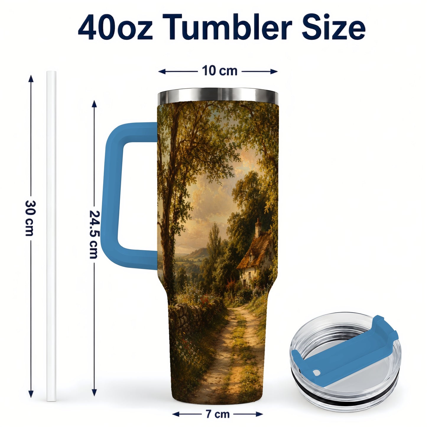 #pl[40oz|Blue] Cottage Countryside 40oz Tumbler with Handle, Golden Rural Scene