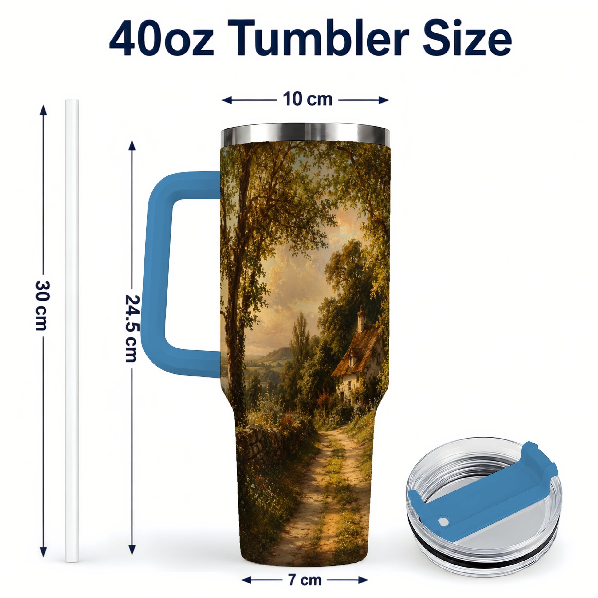 #pl[40oz|Blue] Cottage Countryside 40oz Tumbler with Handle, Golden Rural Scene