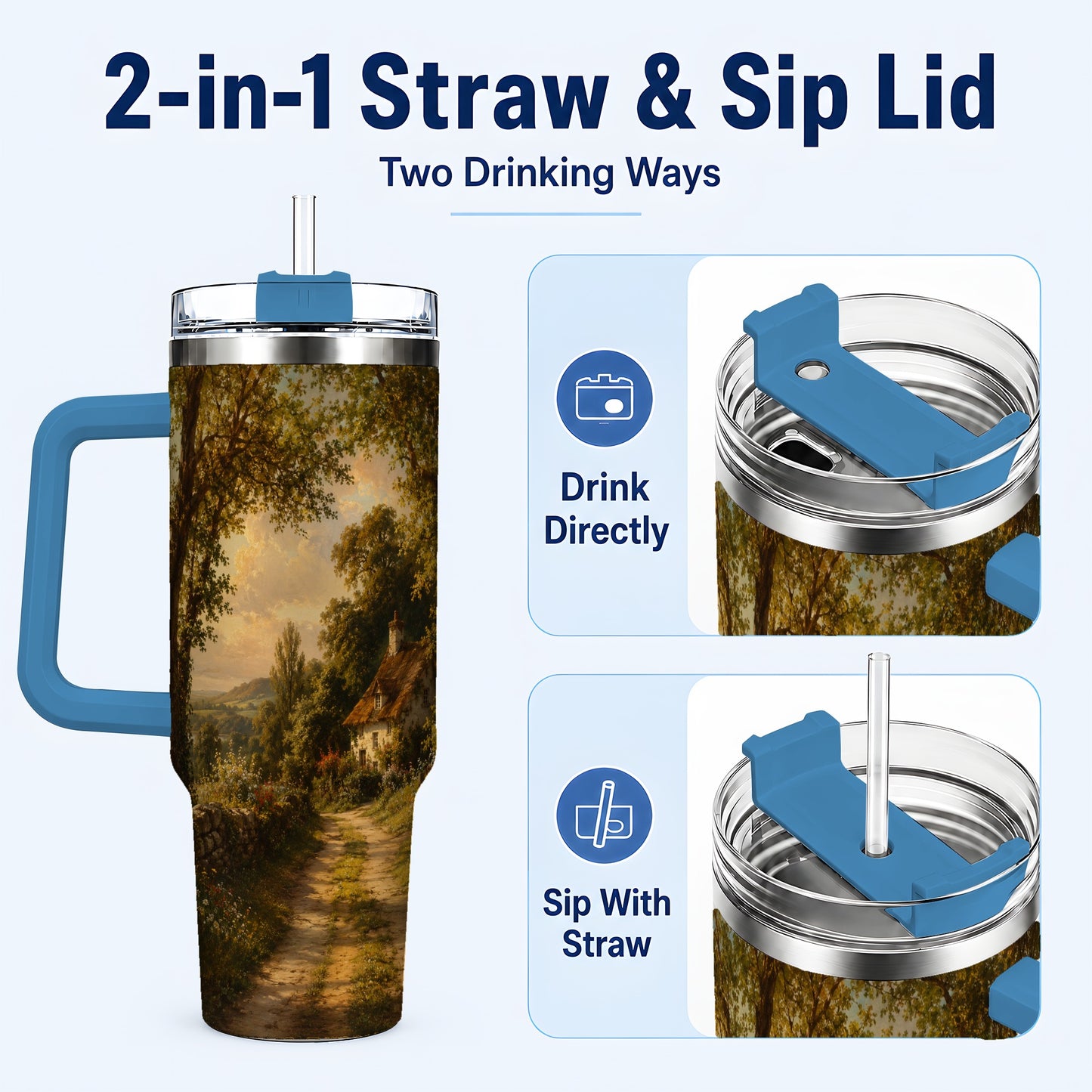 #pl[40oz|Blue] Cottage Countryside 40oz Tumbler with Handle, Golden Rural Scene