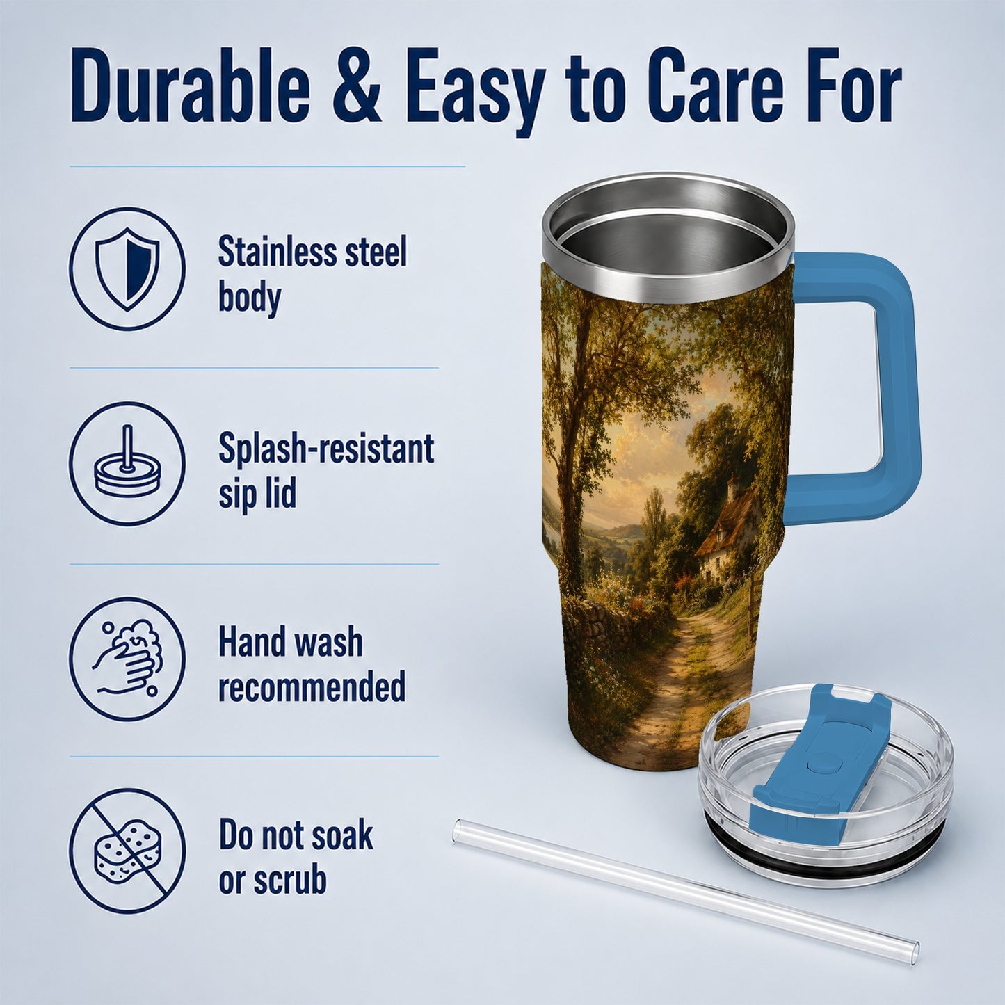 #pl[40oz|Blue] Cottage Countryside 40oz Tumbler with Handle, Golden Rural Scene