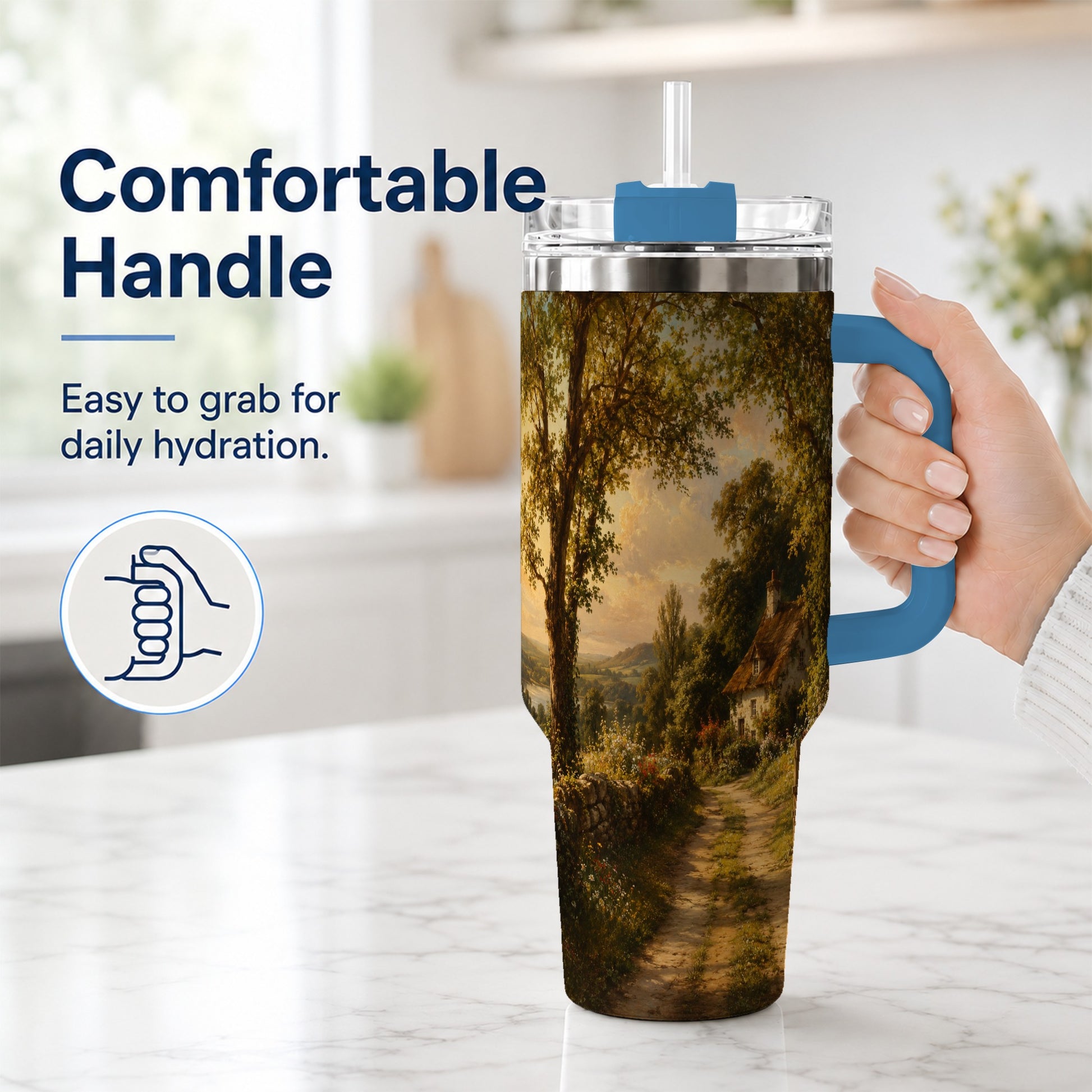 #pl[40oz|Blue] Cottage Countryside 40oz Tumbler with Handle, Golden Rural Scene