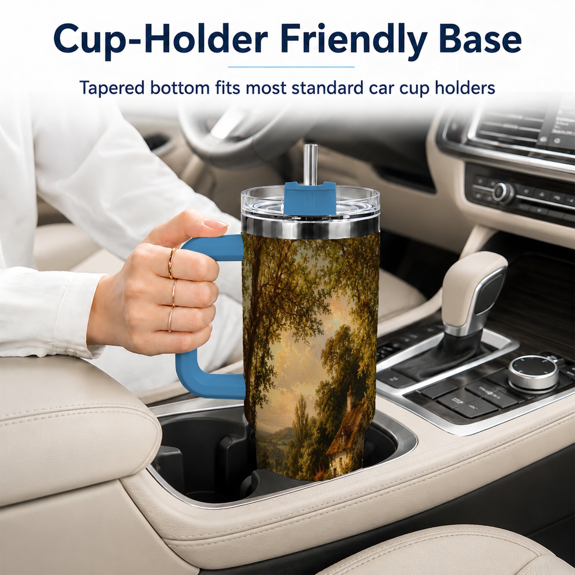 #pl[40oz|Blue] Cottage Countryside 40oz Tumbler with Handle, Golden Rural Scene