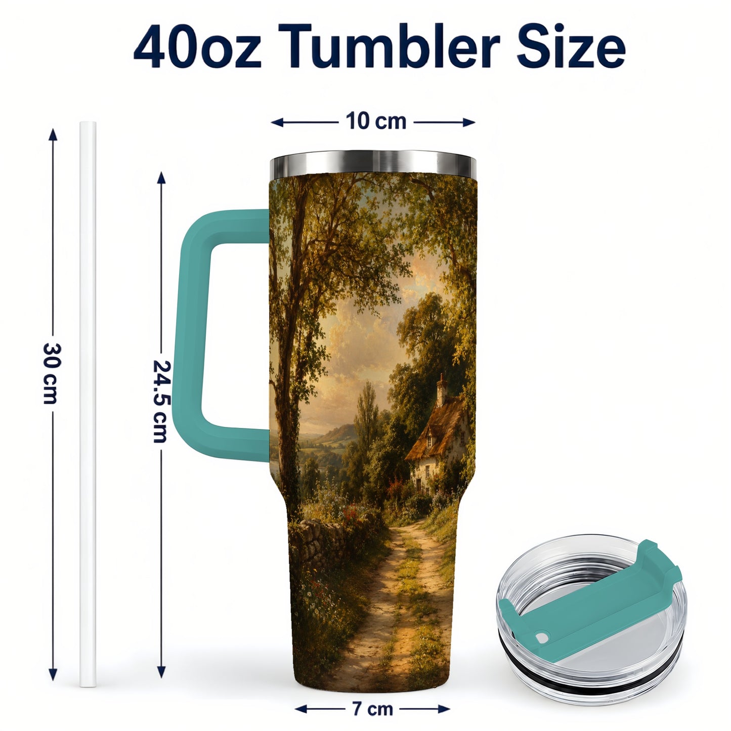 #pl[40oz|Green] Cottage Countryside 40oz Tumbler with Handle, Golden Rural Scene