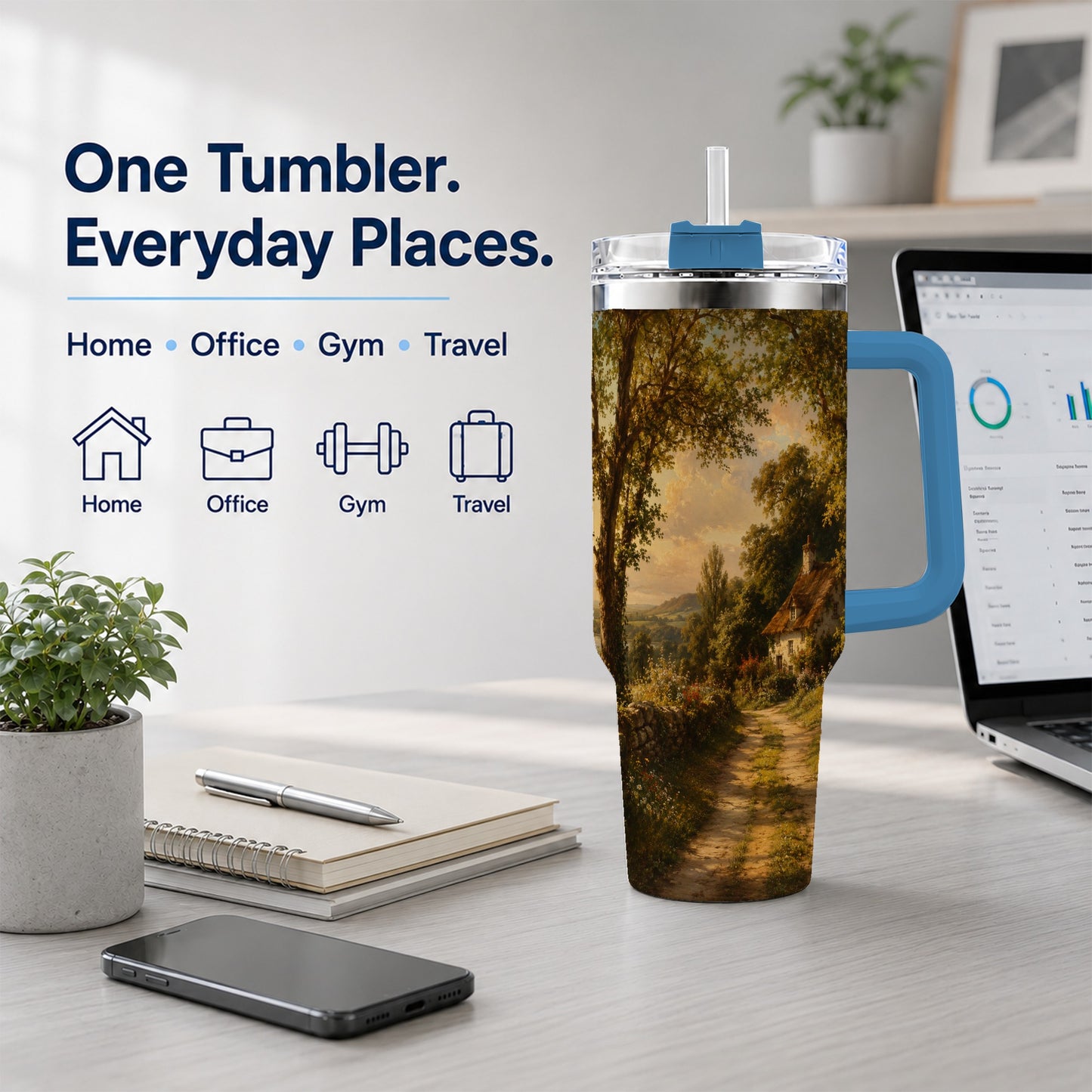 #pl[40oz|Blue] Cottage Countryside 40oz Tumbler with Handle, Golden Rural Scene