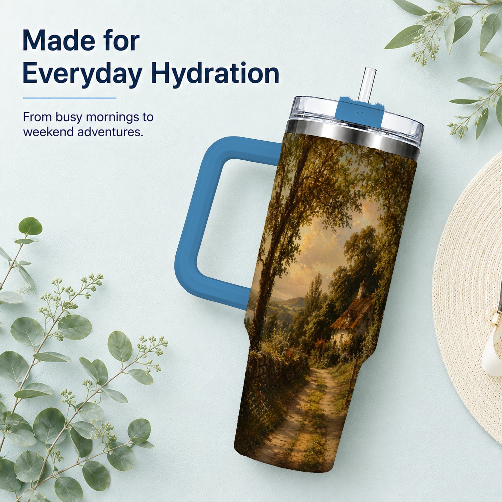 #pl[40oz|Blue] Cottage Countryside 40oz Tumbler with Handle, Golden Rural Scene