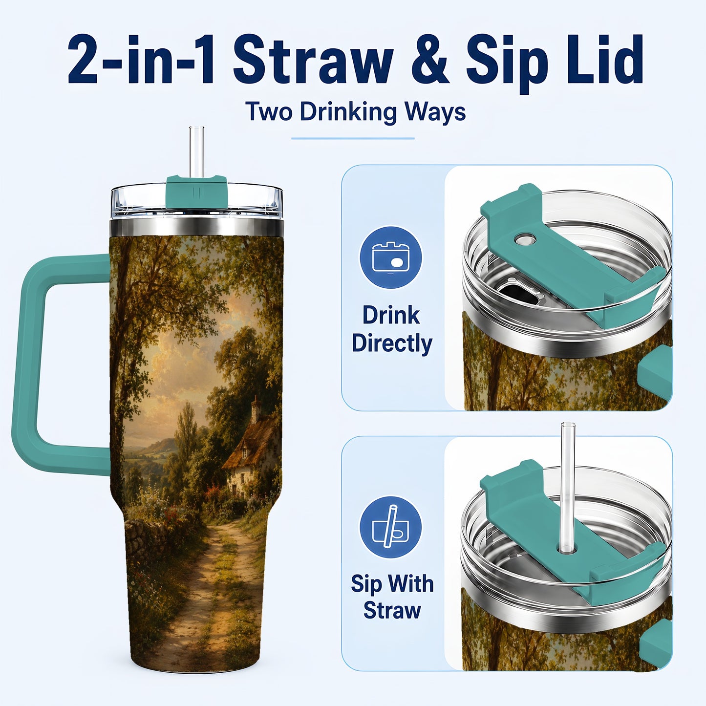 #pl[40oz|Green] Cottage Countryside 40oz Tumbler with Handle, Golden Rural Scene