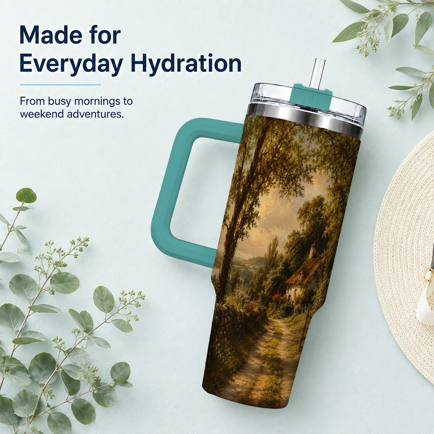 #pl[40oz|Green] Cottage Countryside 40oz Tumbler with Handle, Golden Rural Scene