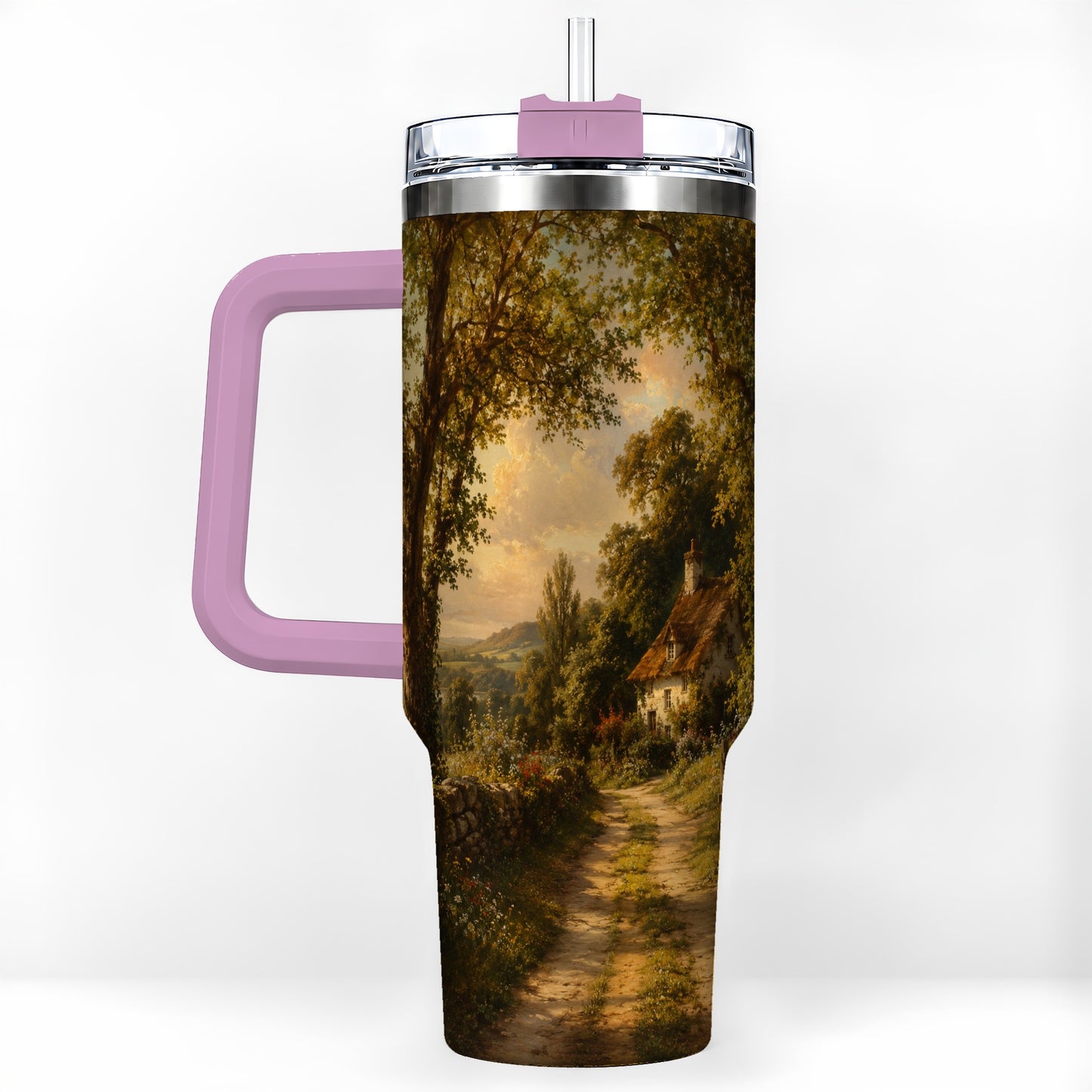 #pl[40oz|Pink] Cottage Countryside 40oz Tumbler with Handle, Golden Rural Scene