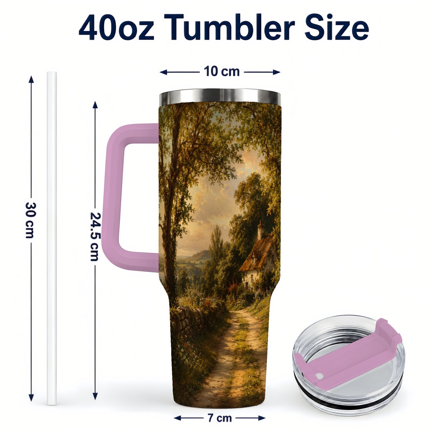 #pl[40oz|Pink] Cottage Countryside 40oz Tumbler with Handle, Golden Rural Scene