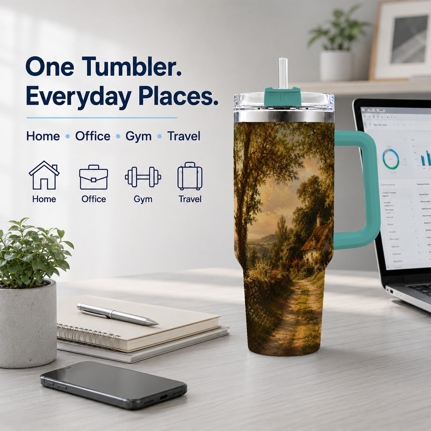#pl[40oz|Green] Cottage Countryside 40oz Tumbler with Handle, Golden Rural Scene