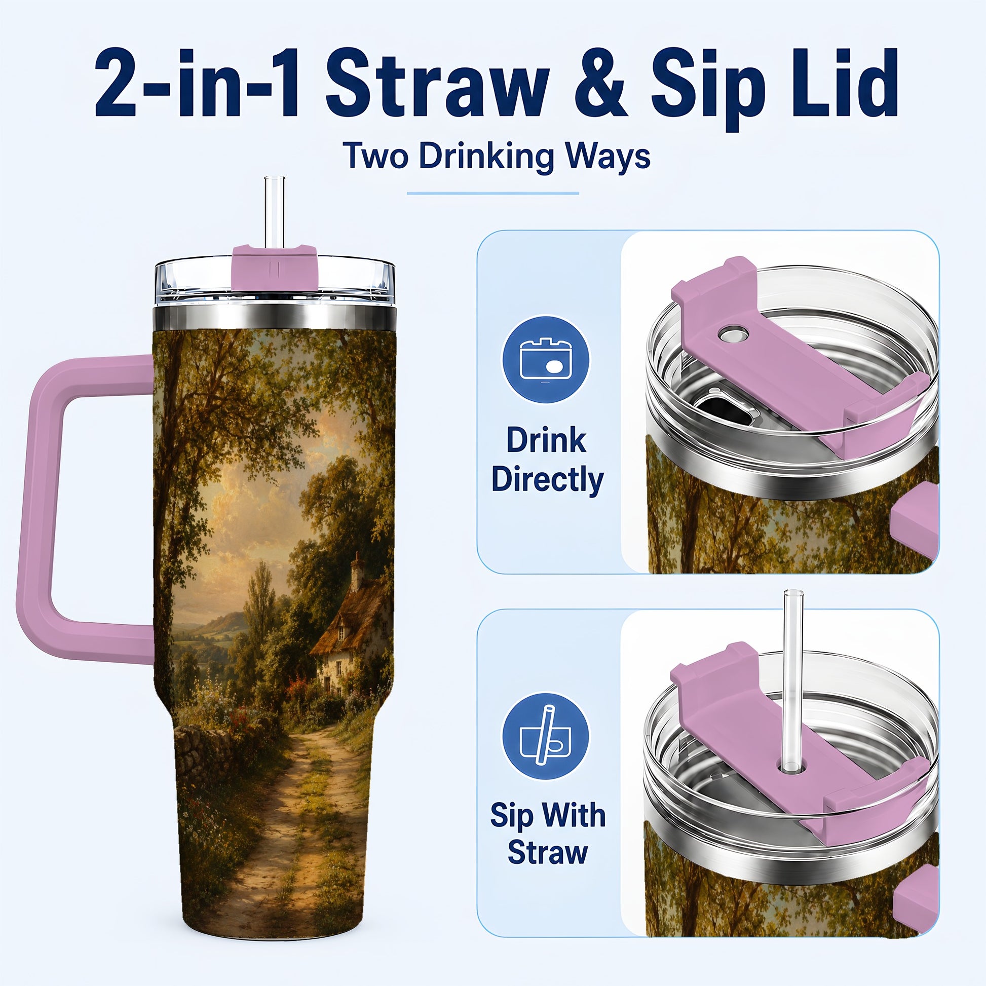 #pl[40oz|Pink] Cottage Countryside 40oz Tumbler with Handle, Golden Rural Scene