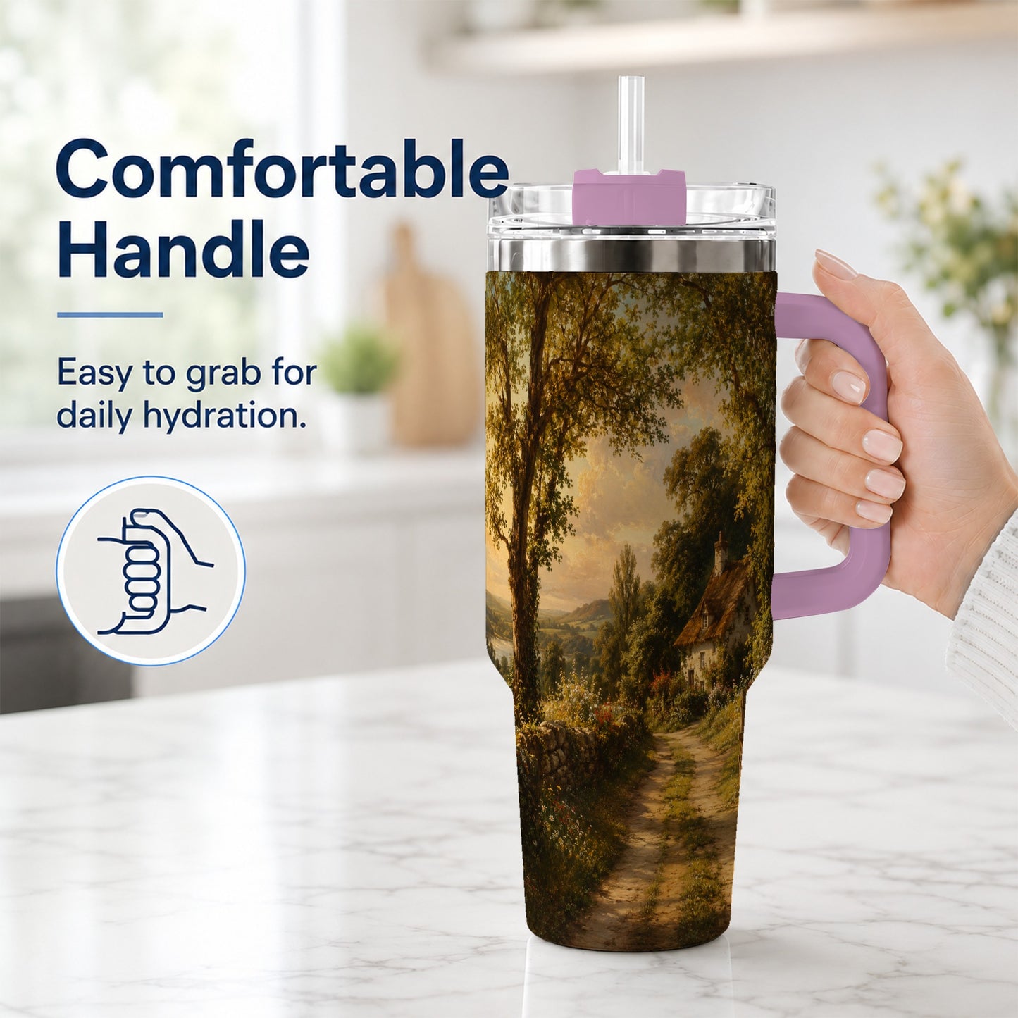 #pl[40oz|Pink] Cottage Countryside 40oz Tumbler with Handle, Golden Rural Scene