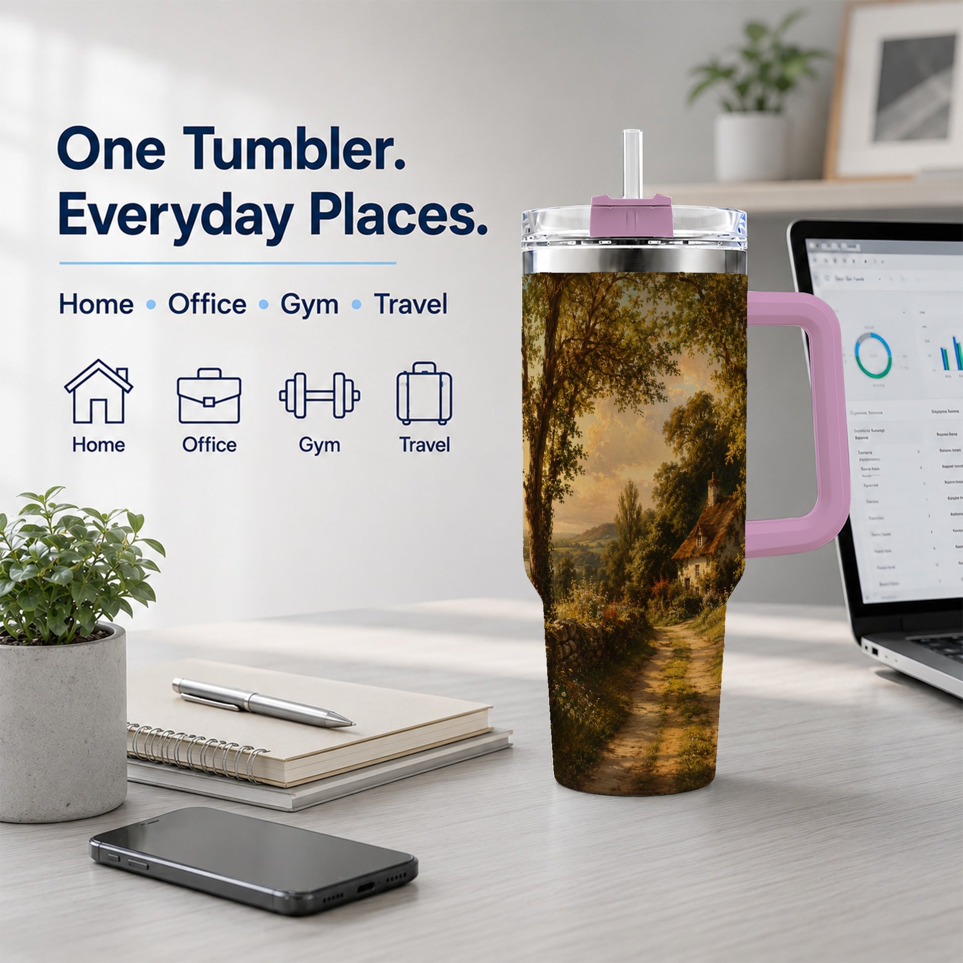 #pl[40oz|Pink] Cottage Countryside 40oz Tumbler with Handle, Golden Rural Scene