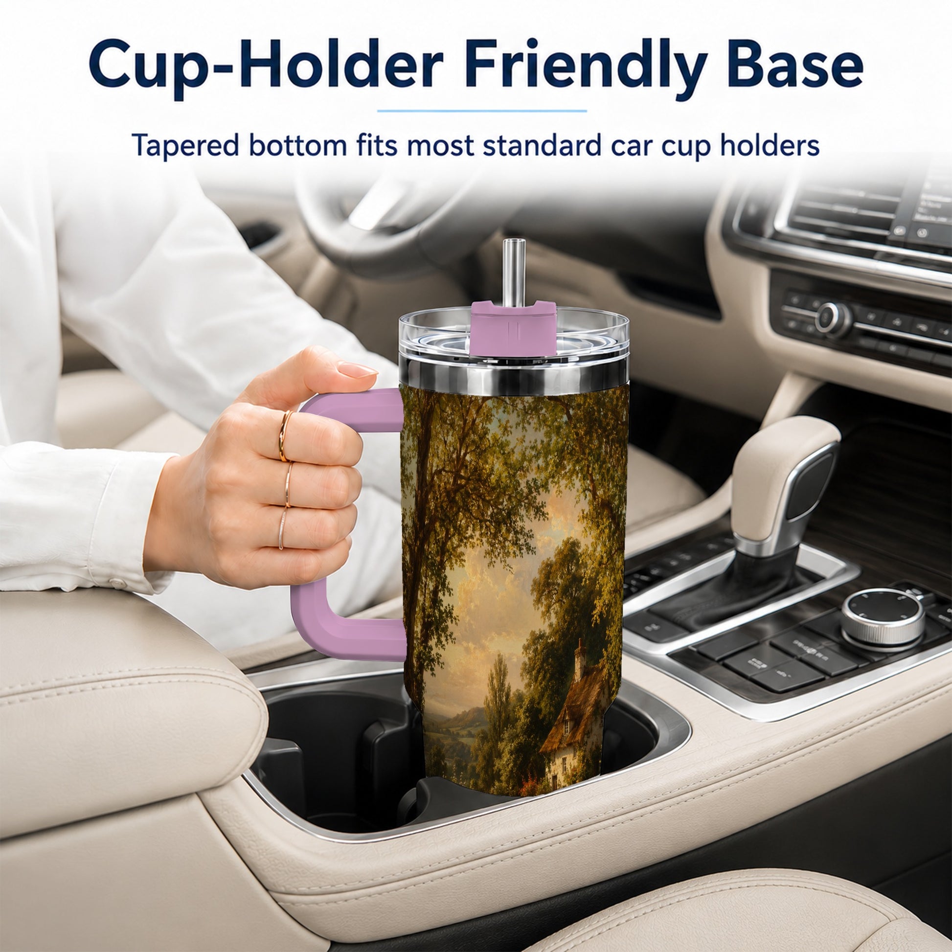 #pl[40oz|Pink] Cottage Countryside 40oz Tumbler with Handle, Golden Rural Scene