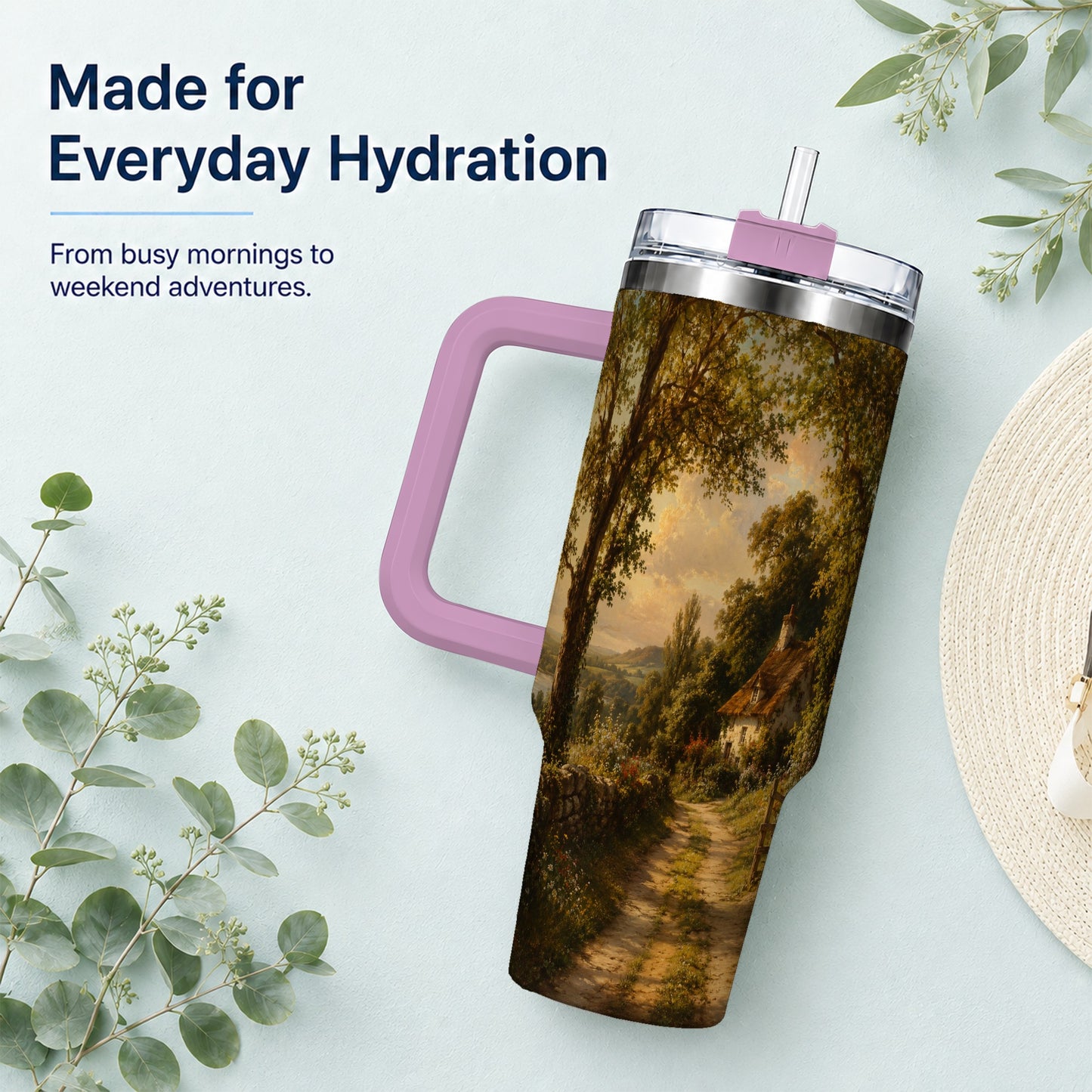 #pl[40oz|Pink] Cottage Countryside 40oz Tumbler with Handle, Golden Rural Scene