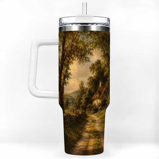Cottage Countryside 40oz Tumbler with Handle, Golden Rural Scene