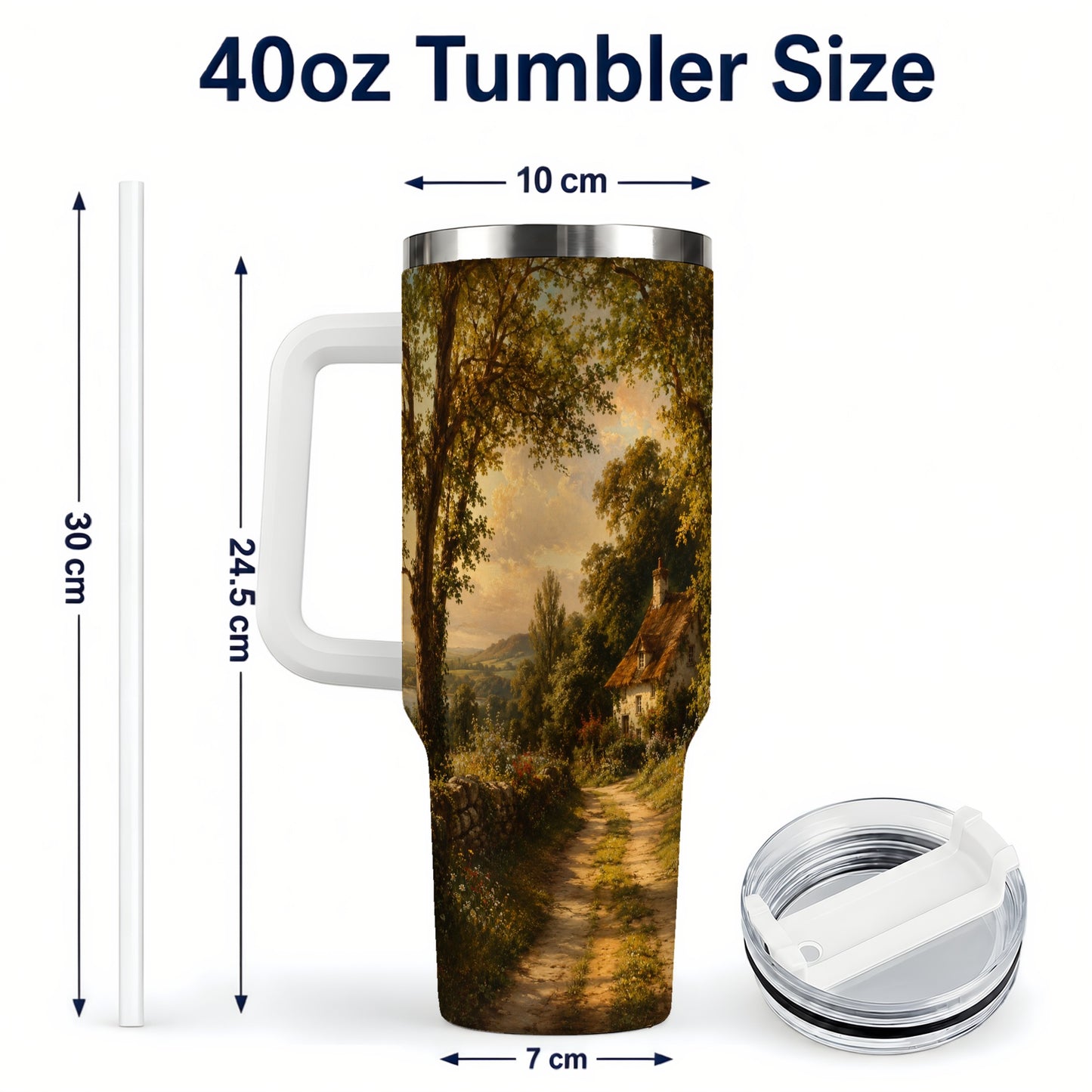 #pl[40oz|White] Cottage Countryside 40oz Tumbler with Handle, Golden Rural Scene