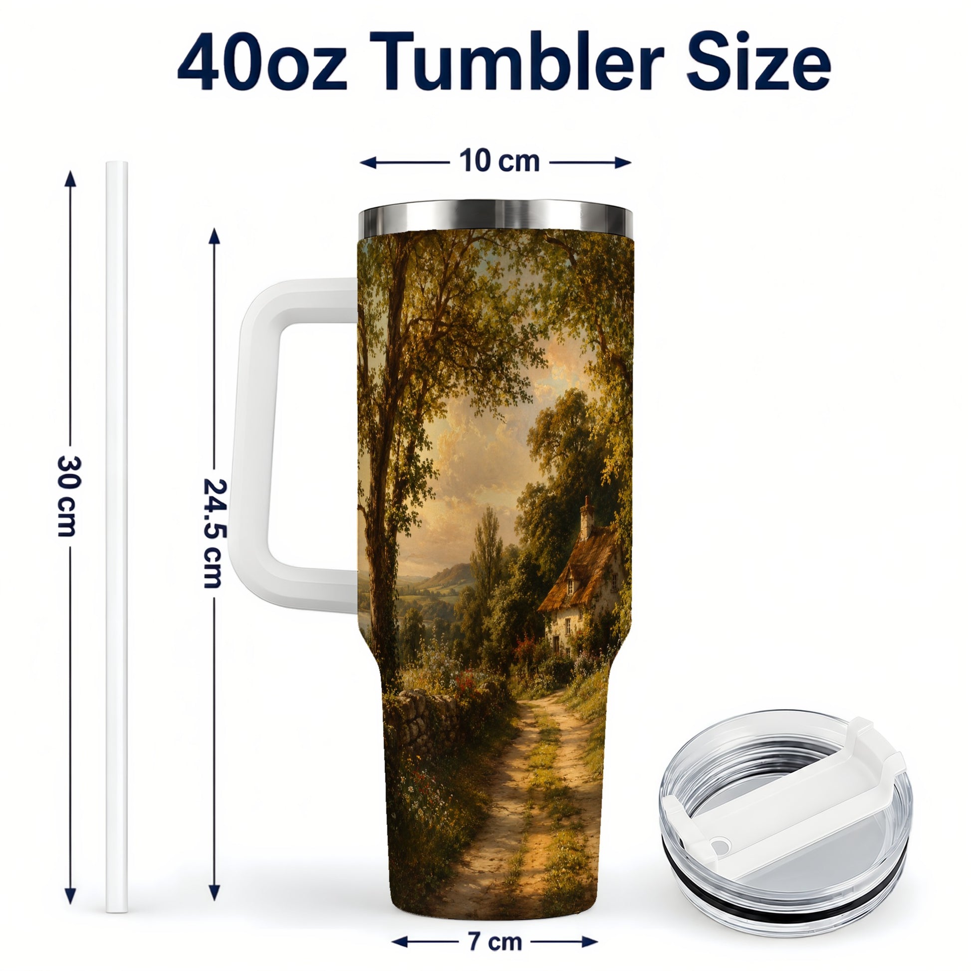 #pl[40oz|White] Cottage Countryside 40oz Tumbler with Handle, Golden Rural Scene