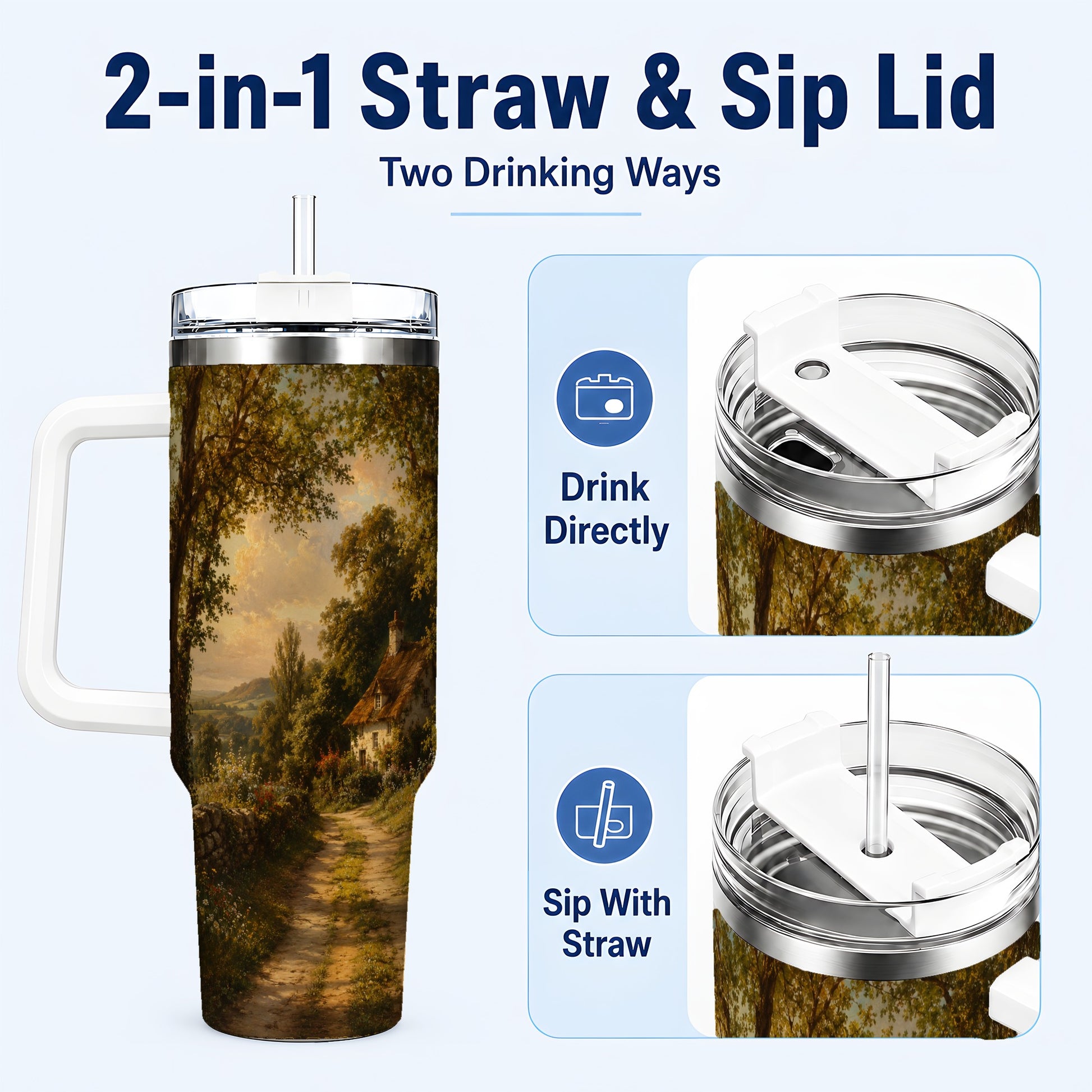 #pl[40oz|White] Cottage Countryside 40oz Tumbler with Handle, Golden Rural Scene