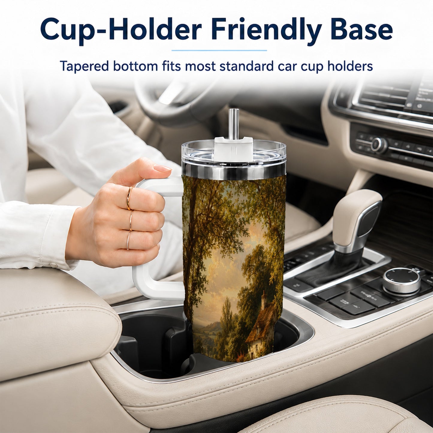 #pl[40oz|White] Cottage Countryside 40oz Tumbler with Handle, Golden Rural Scene