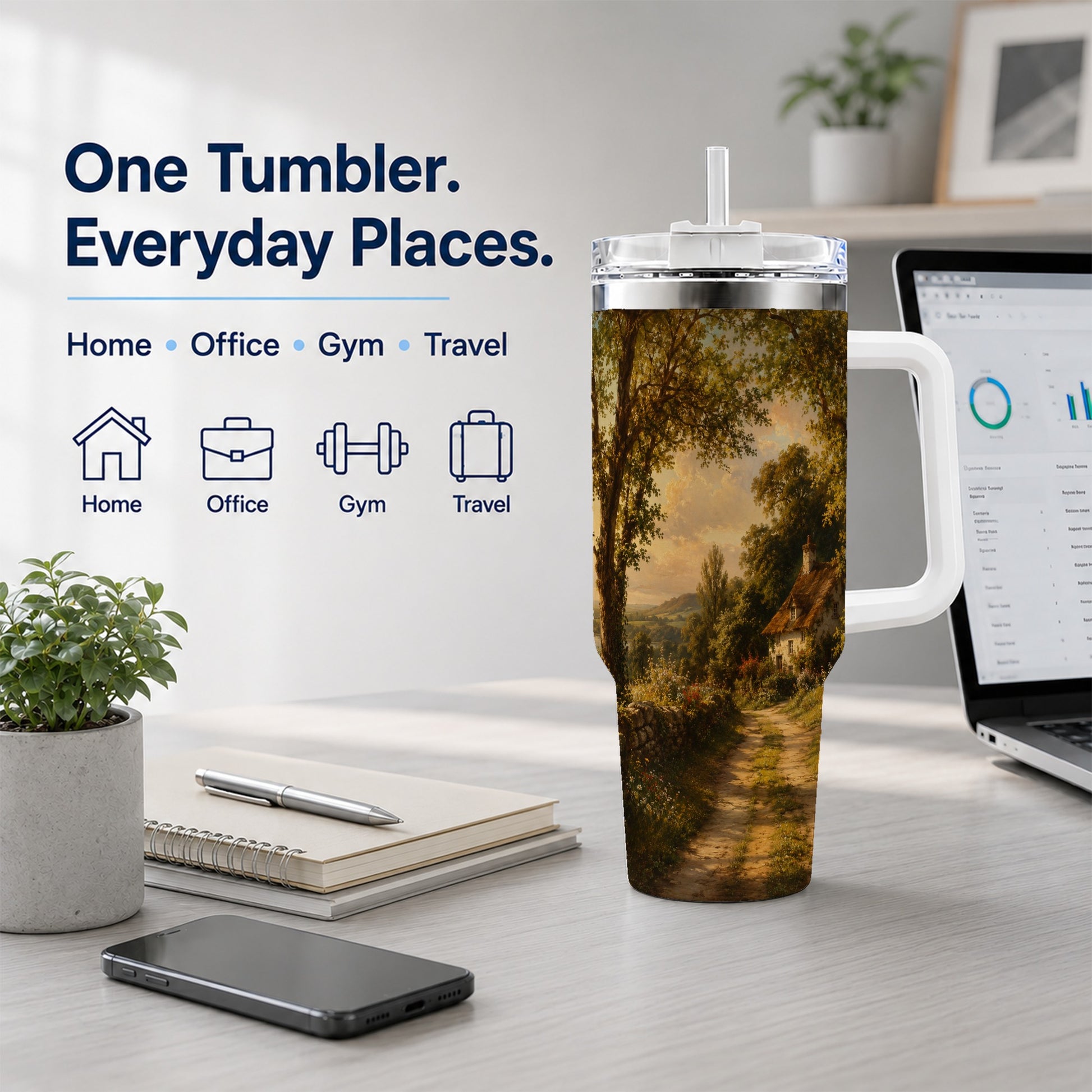 #pl[40oz|White] Cottage Countryside 40oz Tumbler with Handle, Golden Rural Scene