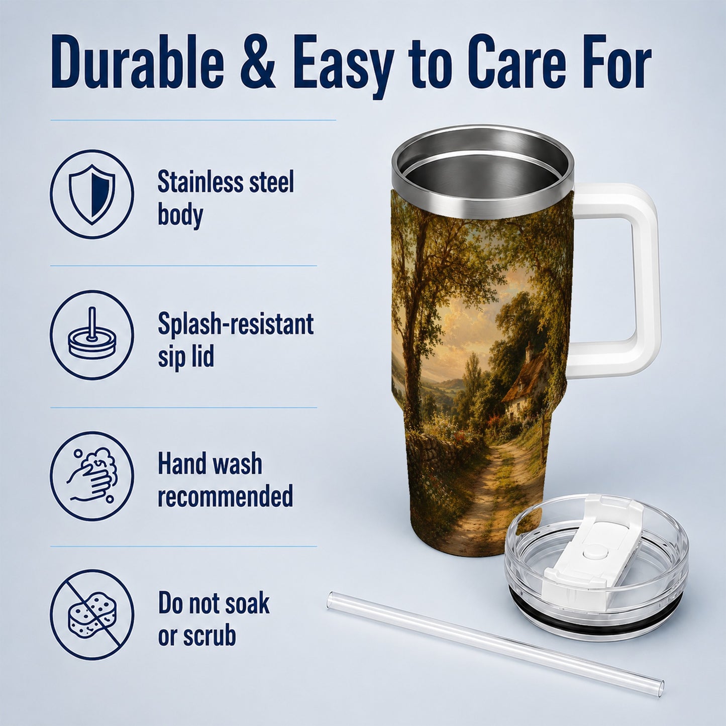 #pl[40oz|White] Cottage Countryside 40oz Tumbler with Handle, Golden Rural Scene
