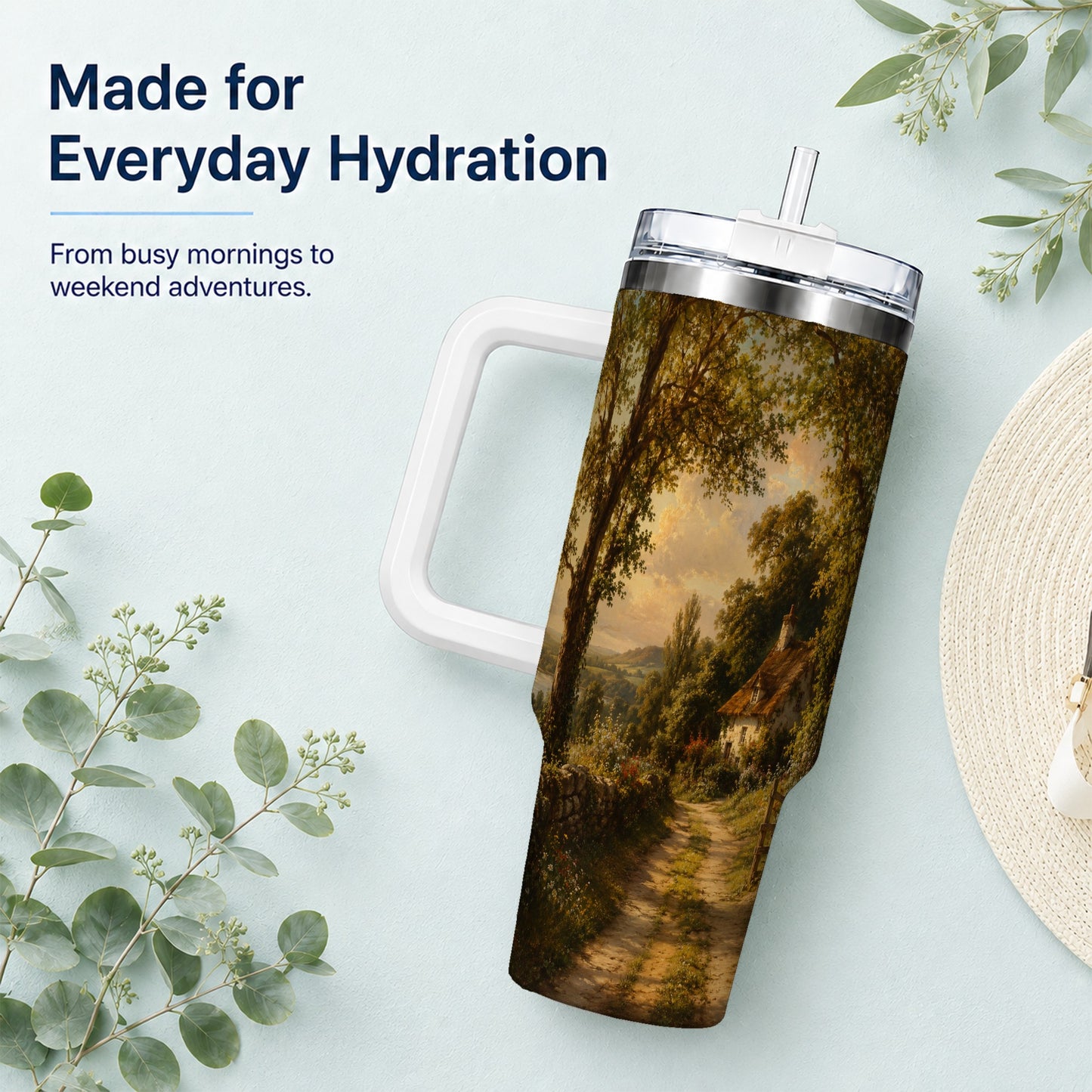 #pl[40oz|White] Cottage Countryside 40oz Tumbler with Handle, Golden Rural Scene