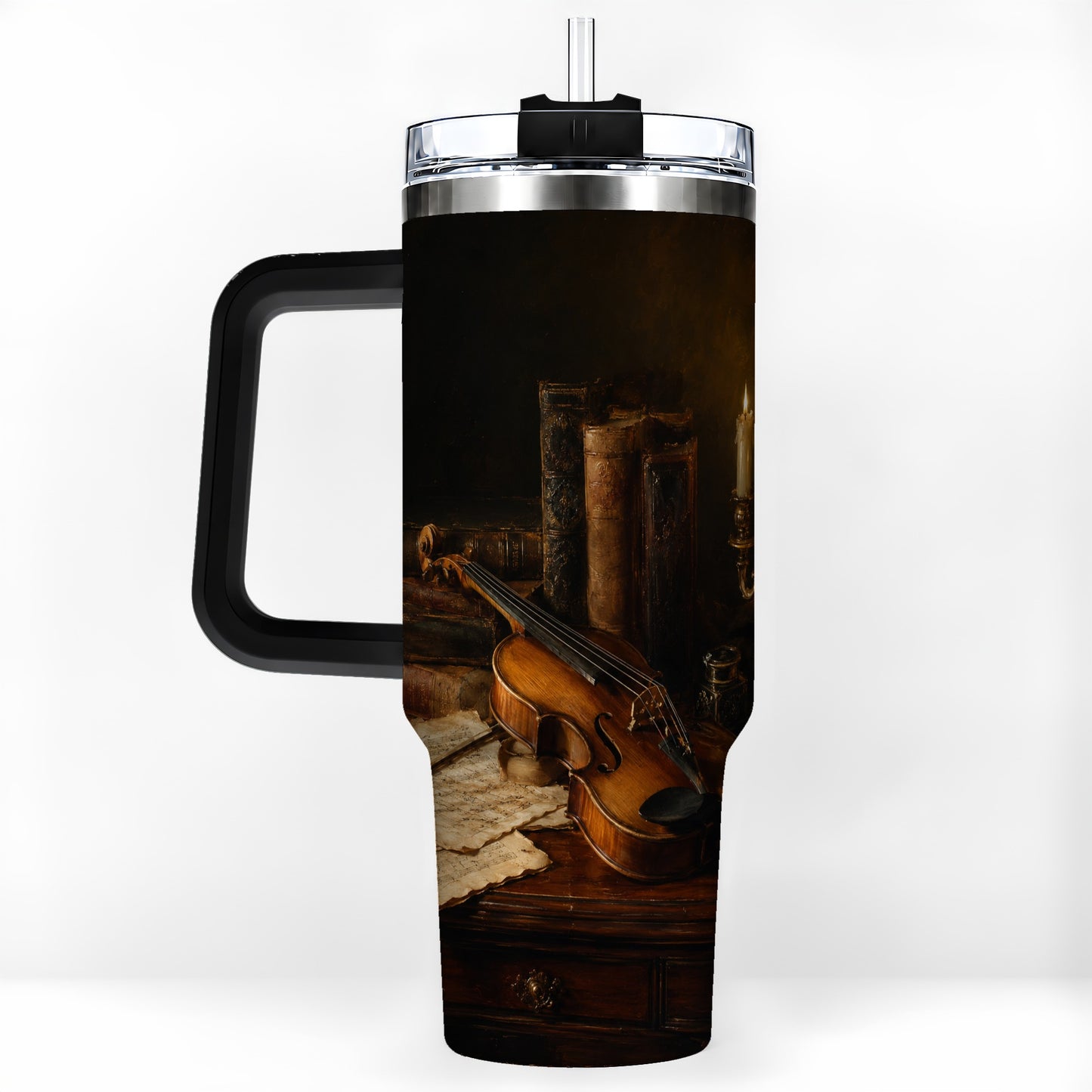 #pl[40oz|Black] Violin Still Life 40oz Tumbler with Handle, Candlelit Music Scene