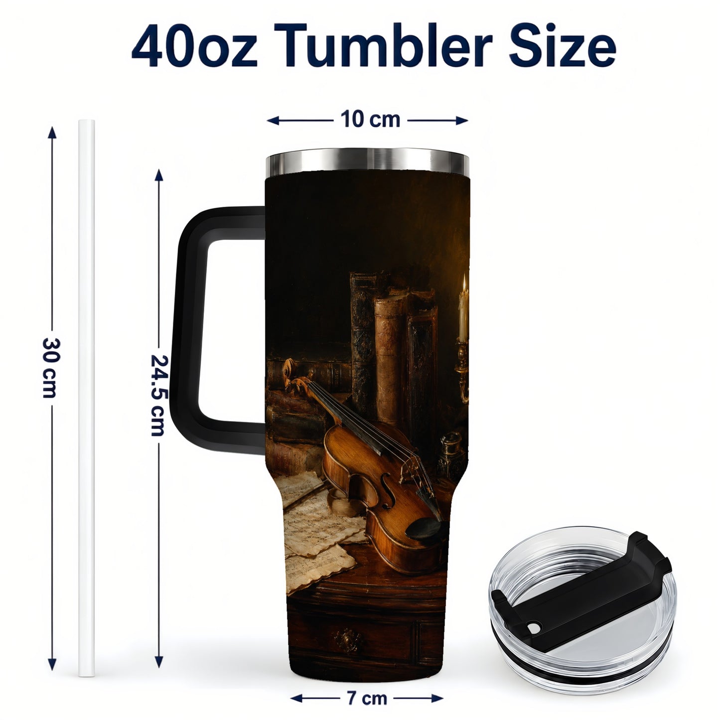 #pl[40oz|Black] Violin Still Life 40oz Tumbler with Handle, Candlelit Music Scene