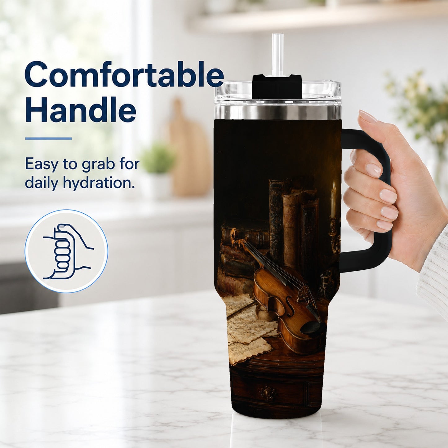 #pl[40oz|Black] Violin Still Life 40oz Tumbler with Handle, Candlelit Music Scene