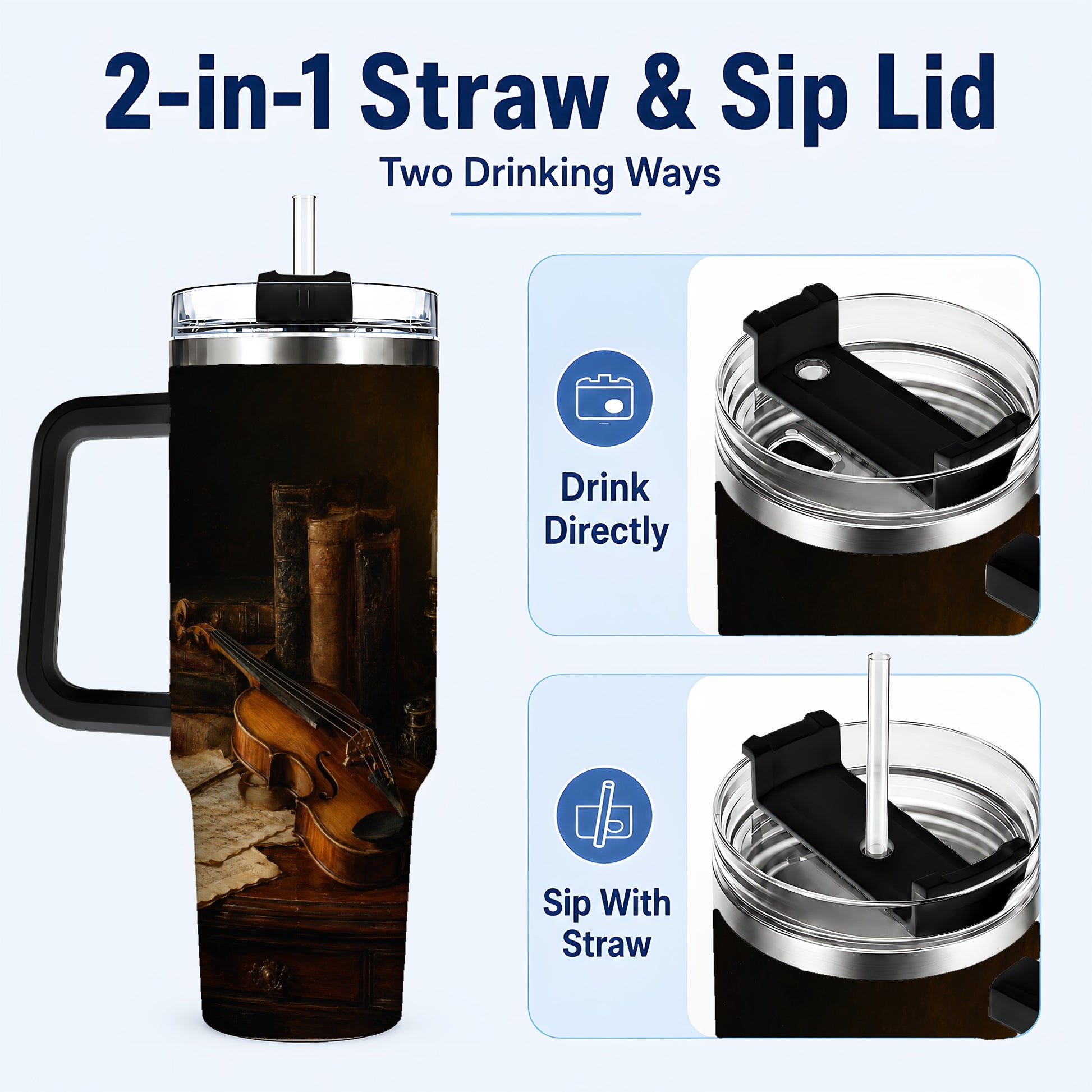 #pl[40oz|Black] Violin Still Life 40oz Tumbler with Handle, Candlelit Music Scene