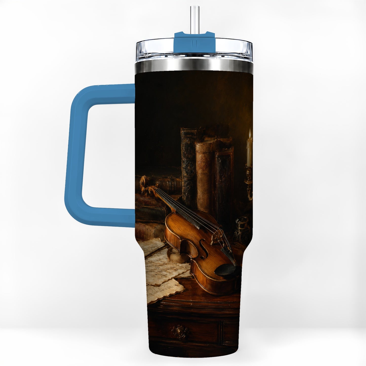 #pl[40oz|Blue] Violin Still Life 40oz Tumbler with Handle, Candlelit Music Scene