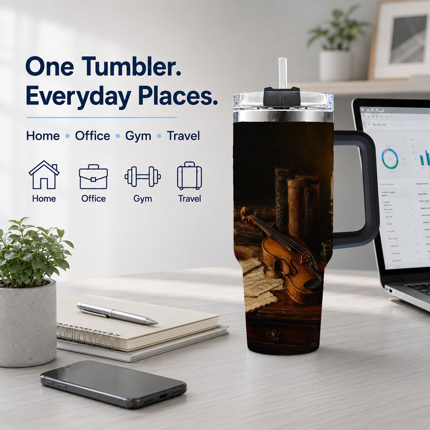 #pl[40oz|Black] Violin Still Life 40oz Tumbler with Handle, Candlelit Music Scene