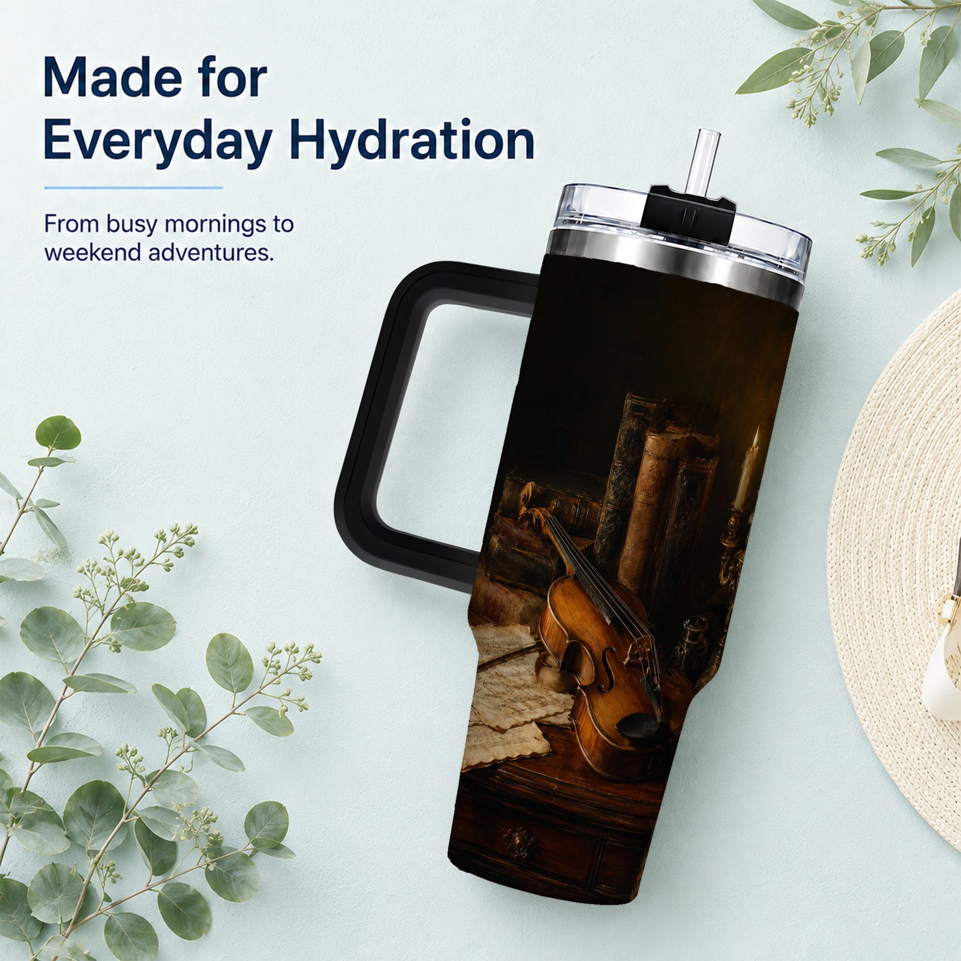 #pl[40oz|Black] Violin Still Life 40oz Tumbler with Handle, Candlelit Music Scene