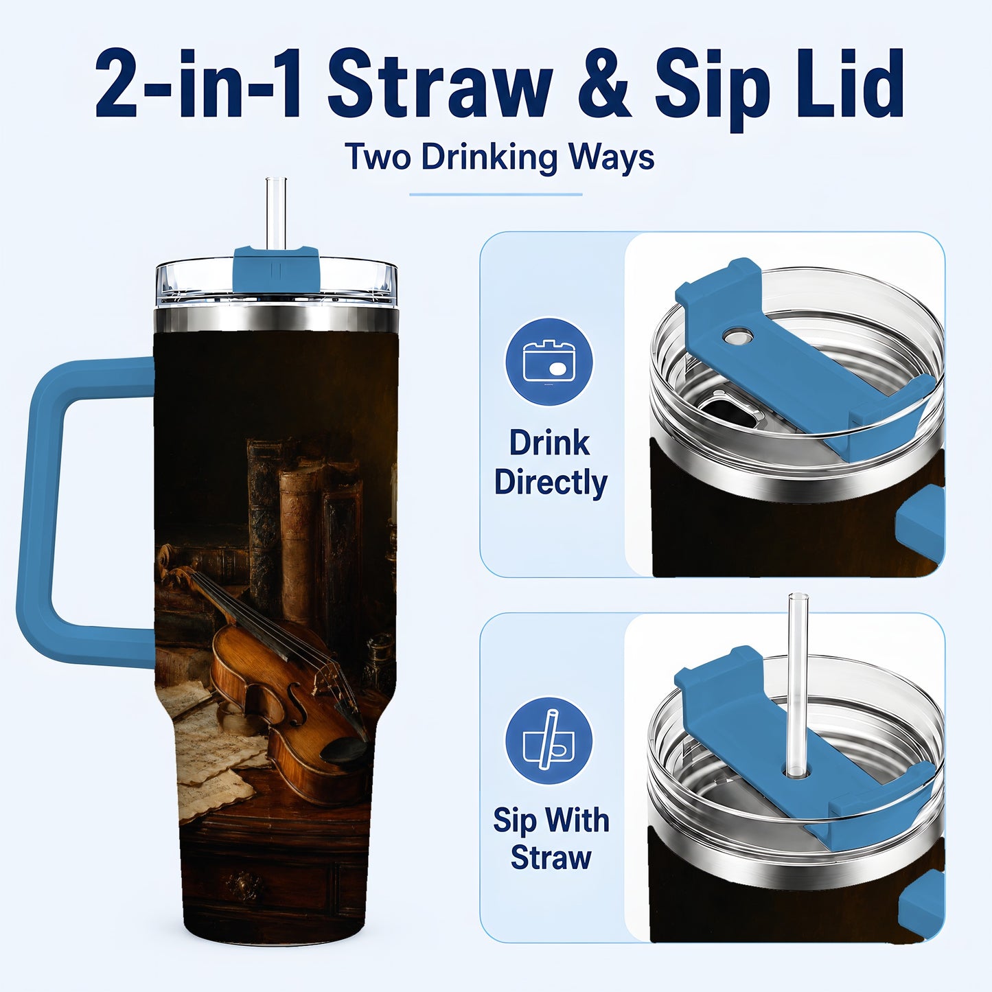#pl[40oz|Blue] Violin Still Life 40oz Tumbler with Handle, Candlelit Music Scene