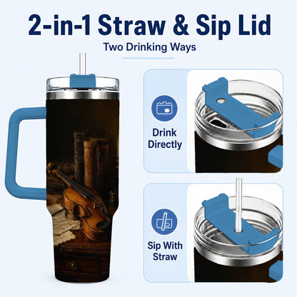 #pl[40oz|Blue] Violin Still Life 40oz Tumbler with Handle, Candlelit Music Scene