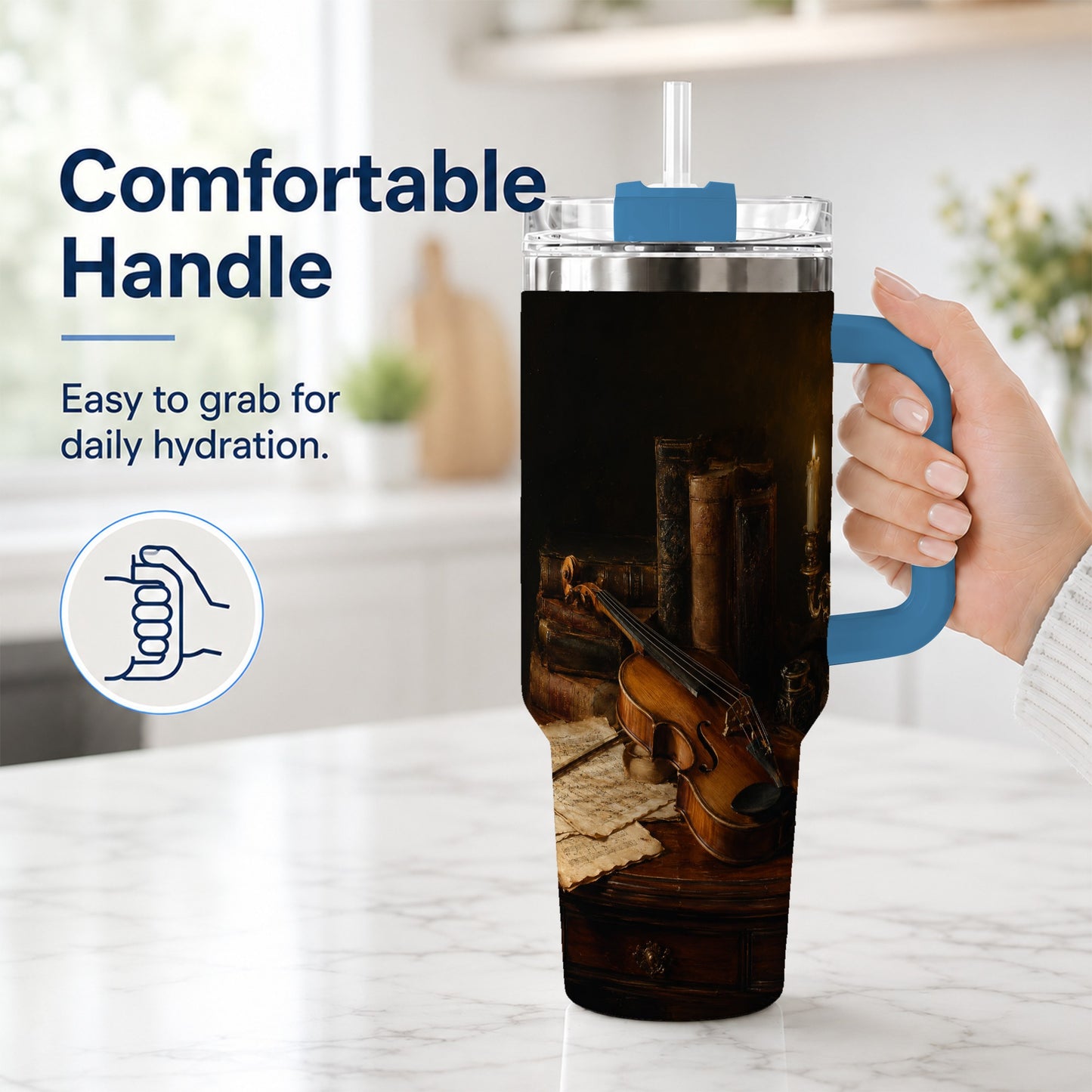 #pl[40oz|Blue] Violin Still Life 40oz Tumbler with Handle, Candlelit Music Scene