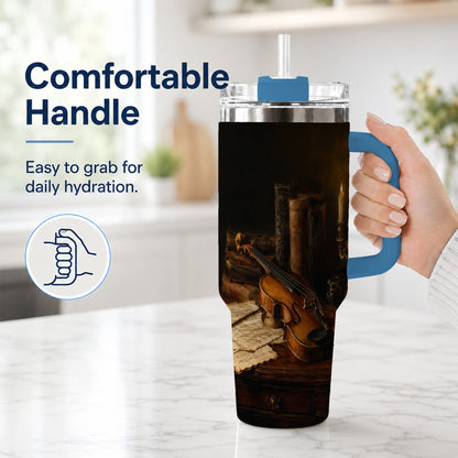 #pl[40oz|Blue] Violin Still Life 40oz Tumbler with Handle, Candlelit Music Scene