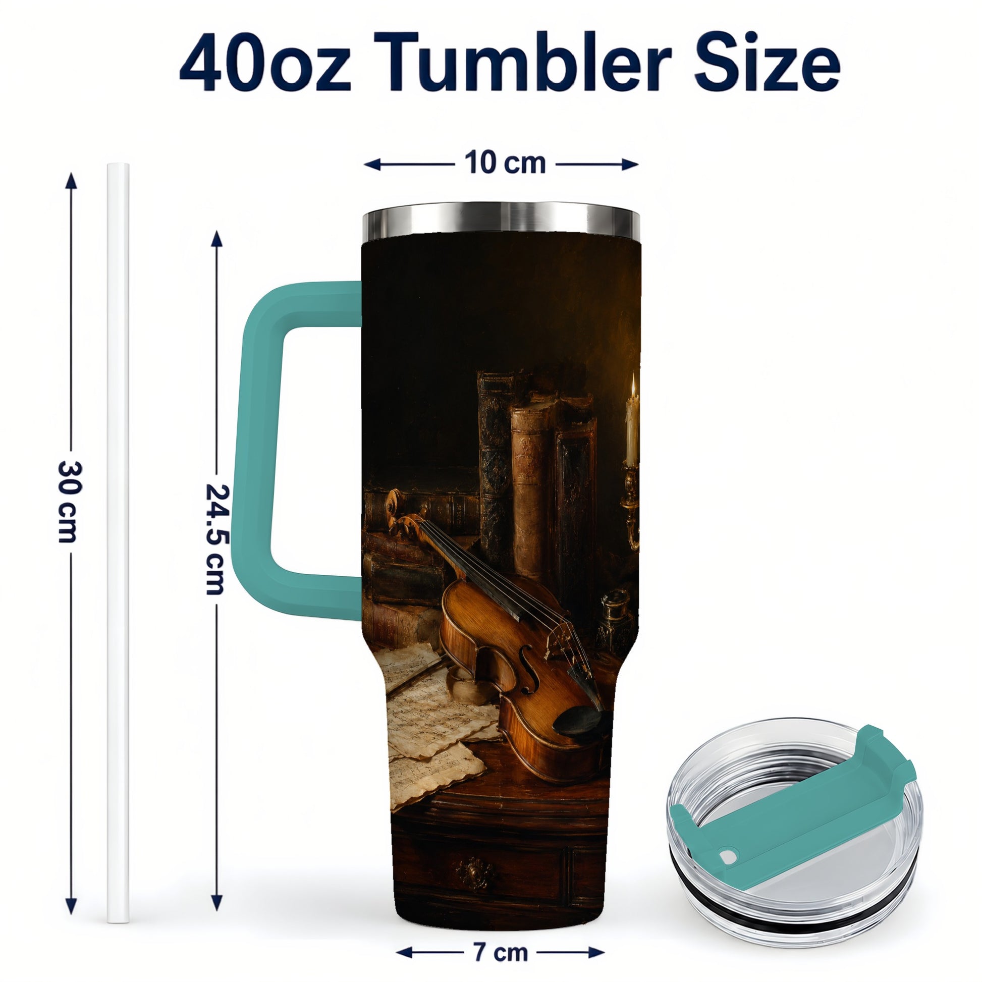 #pl[40oz|Green] Violin Still Life 40oz Tumbler with Handle, Candlelit Music Scene
