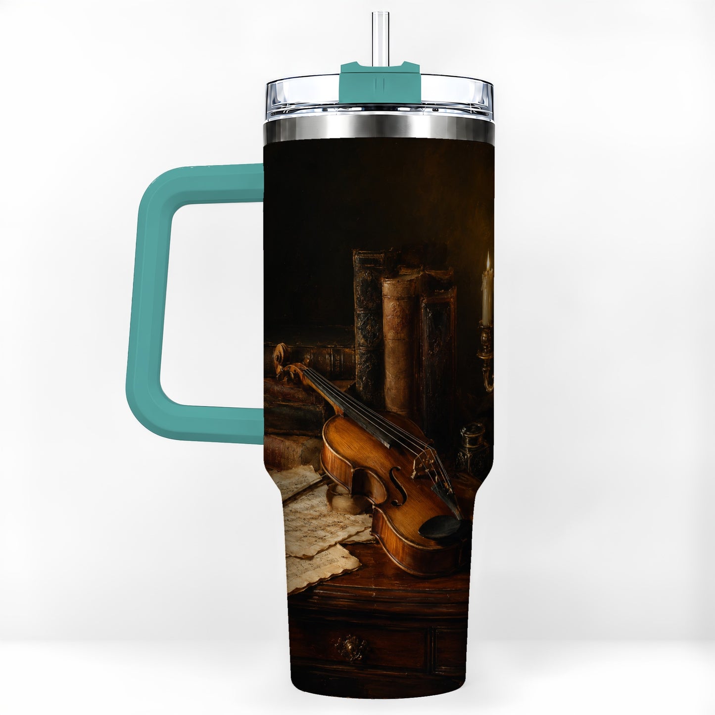 #pl[40oz|Green] Violin Still Life 40oz Tumbler with Handle, Candlelit Music Scene