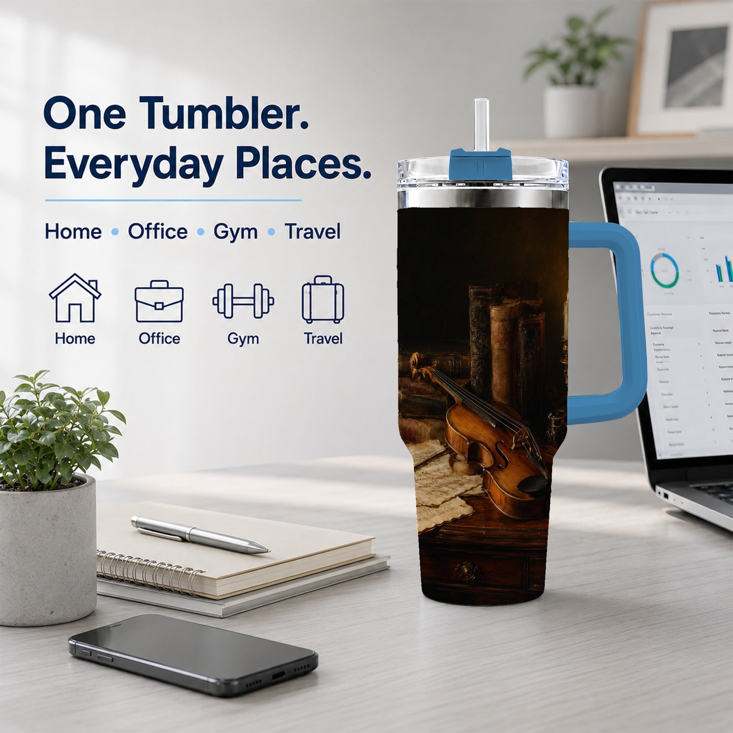 #pl[40oz|Blue] Violin Still Life 40oz Tumbler with Handle, Candlelit Music Scene