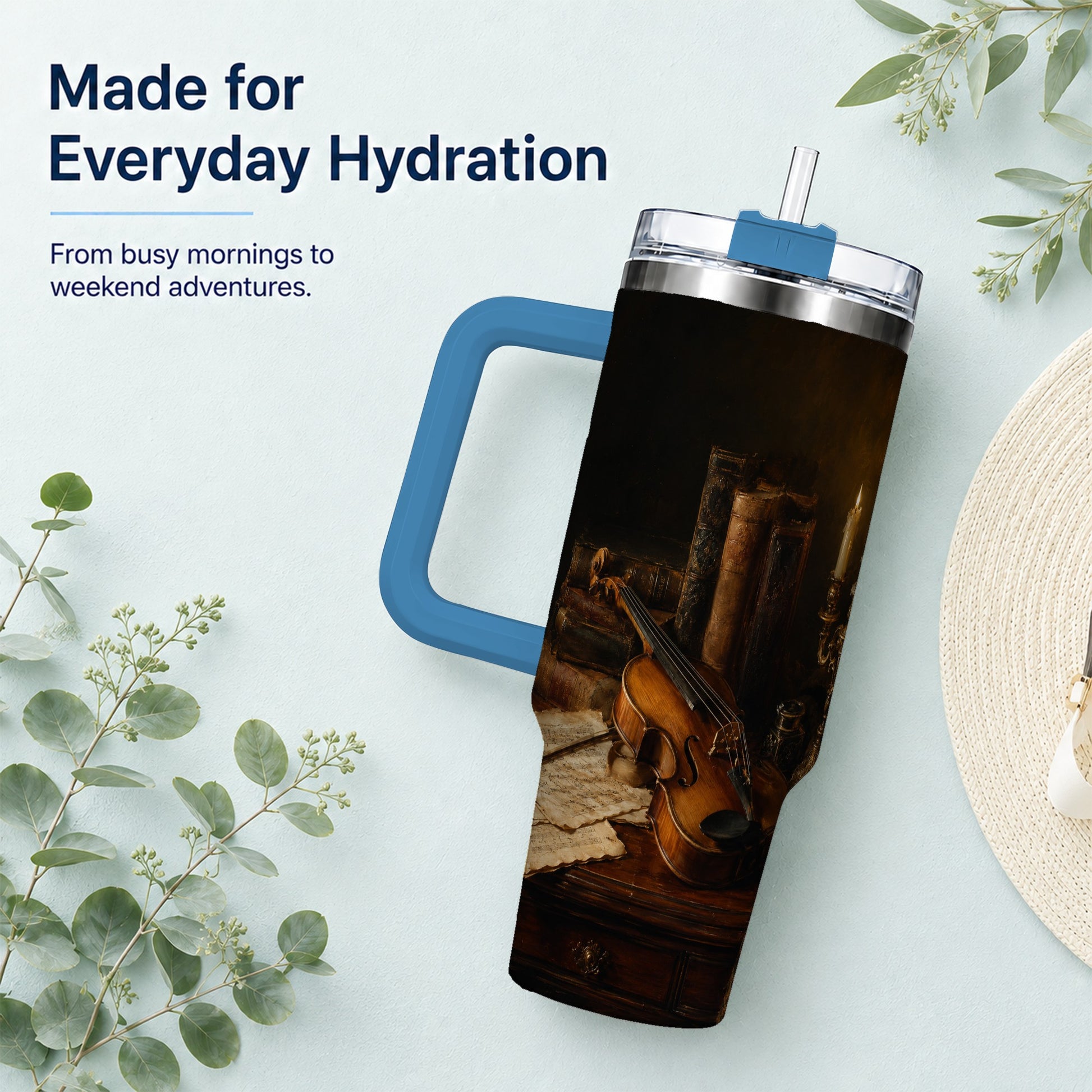 #pl[40oz|Blue] Violin Still Life 40oz Tumbler with Handle, Candlelit Music Scene