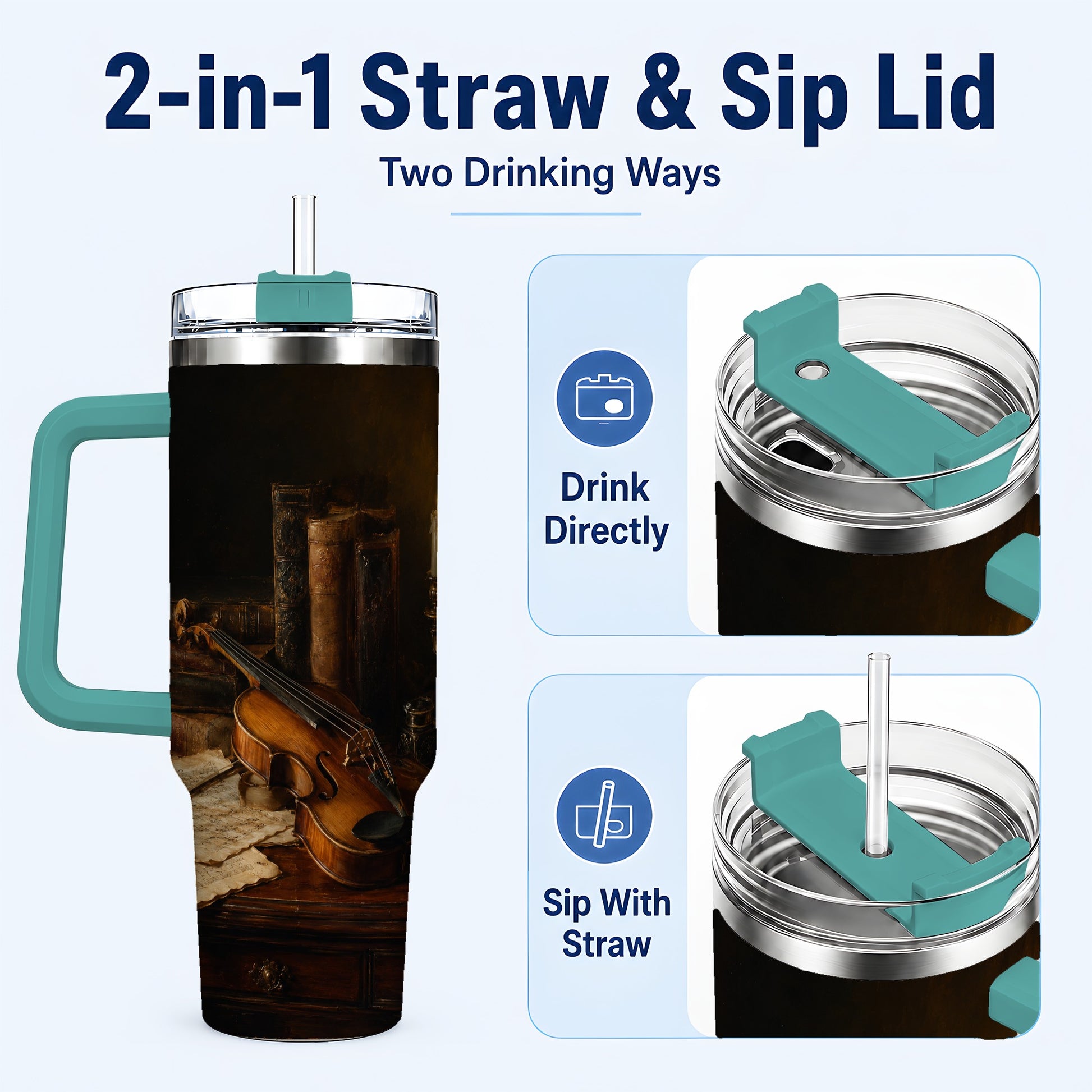 #pl[40oz|Green] Violin Still Life 40oz Tumbler with Handle, Candlelit Music Scene