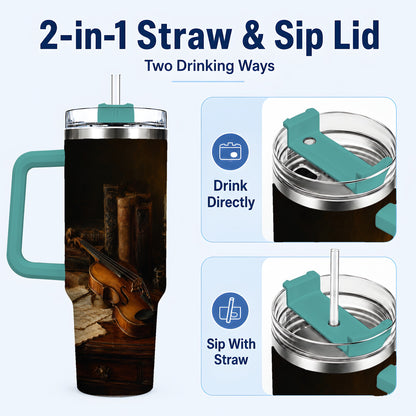 #pl[40oz|Green] Violin Still Life 40oz Tumbler with Handle, Candlelit Music Scene