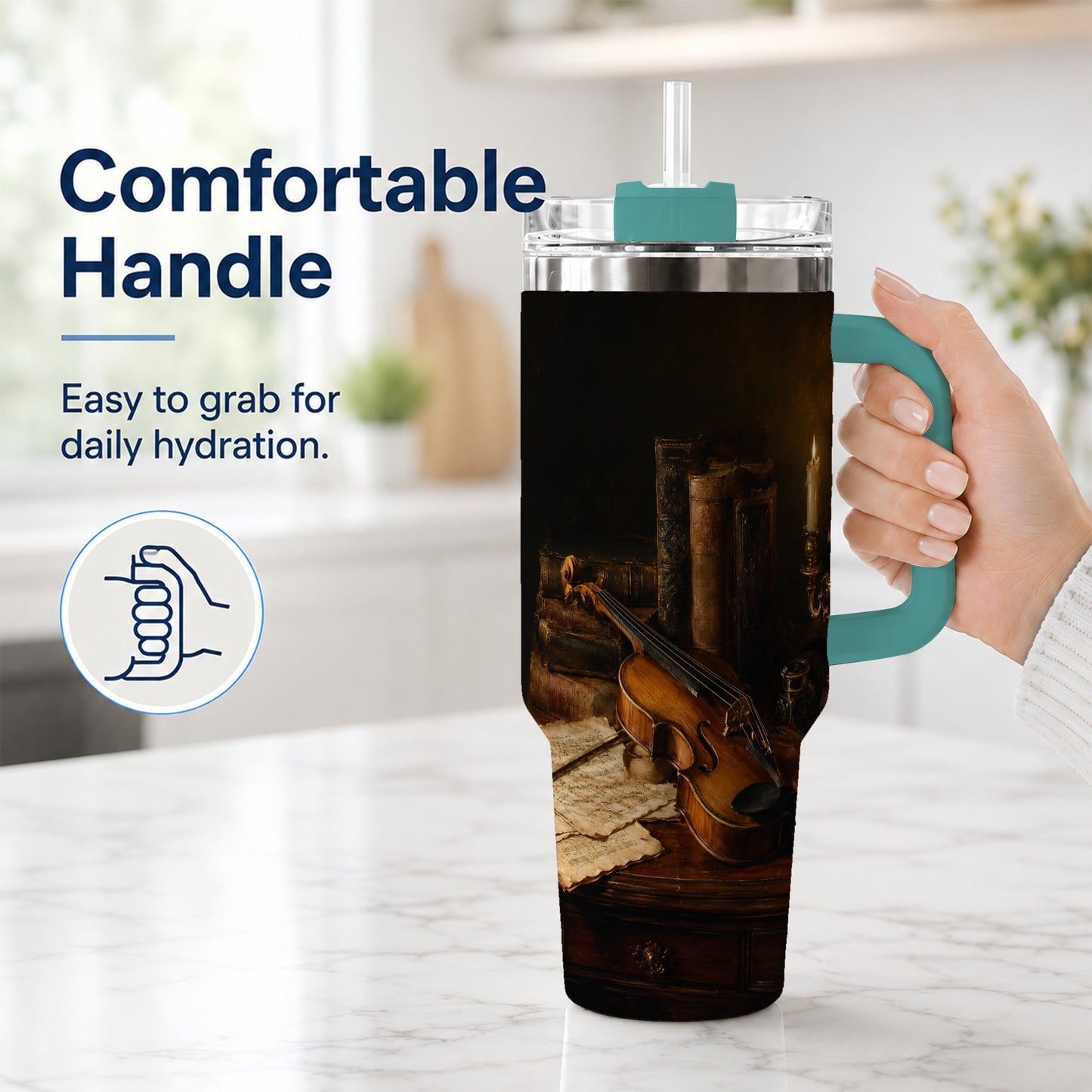#pl[40oz|Green] Violin Still Life 40oz Tumbler with Handle, Candlelit Music Scene