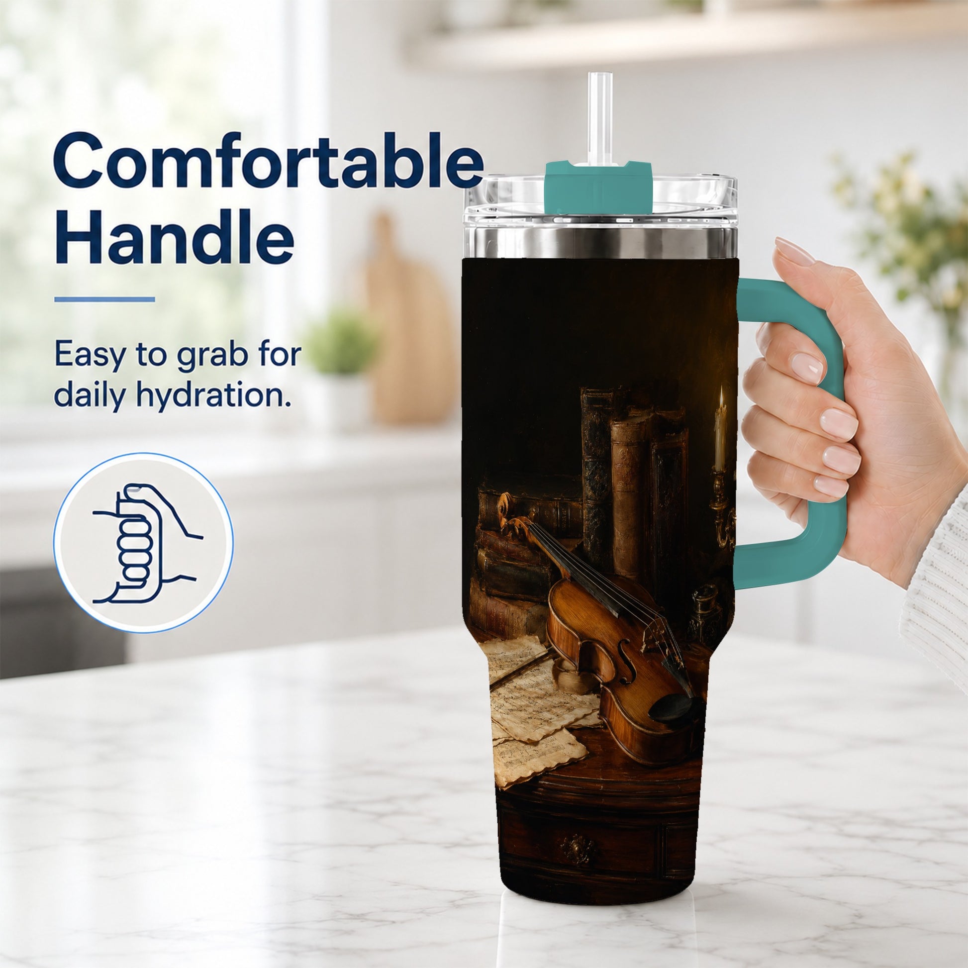 #pl[40oz|Green] Violin Still Life 40oz Tumbler with Handle, Candlelit Music Scene