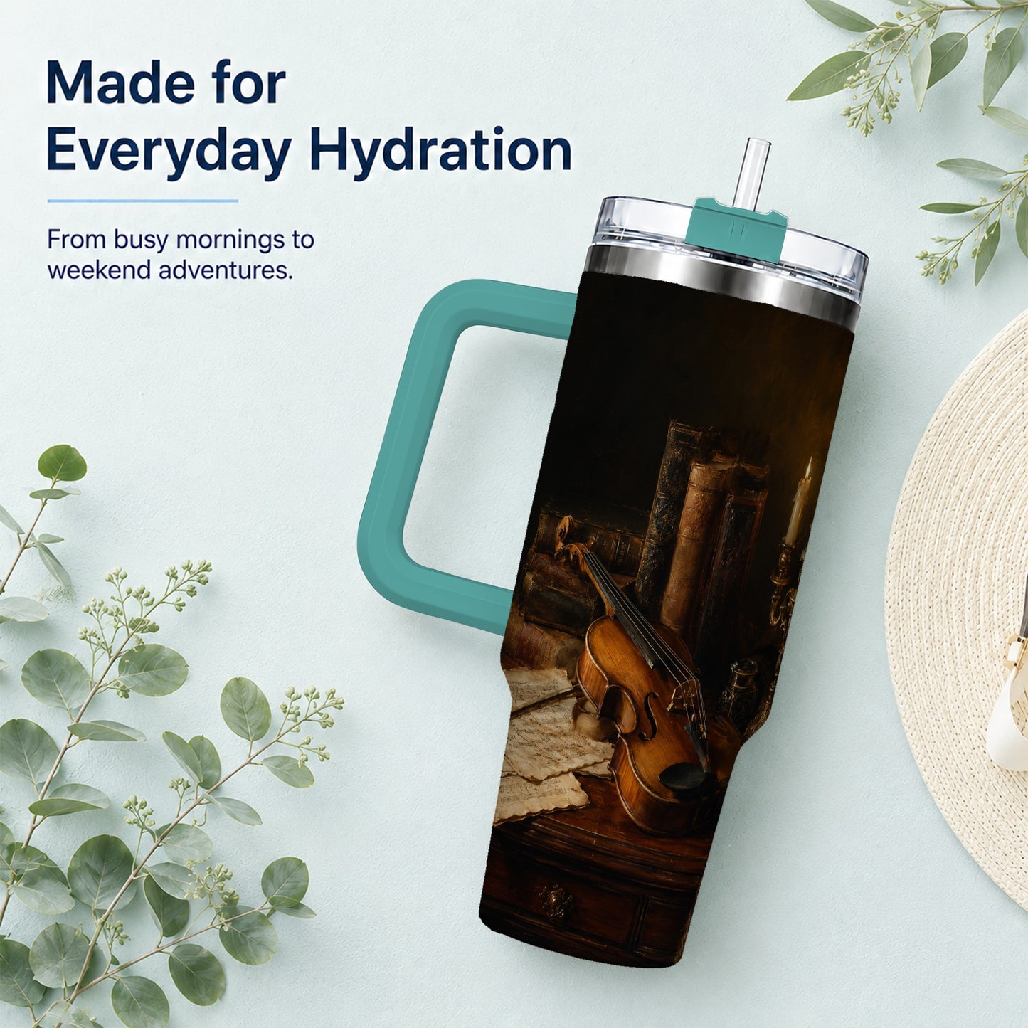 #pl[40oz|Green] Violin Still Life 40oz Tumbler with Handle, Candlelit Music Scene