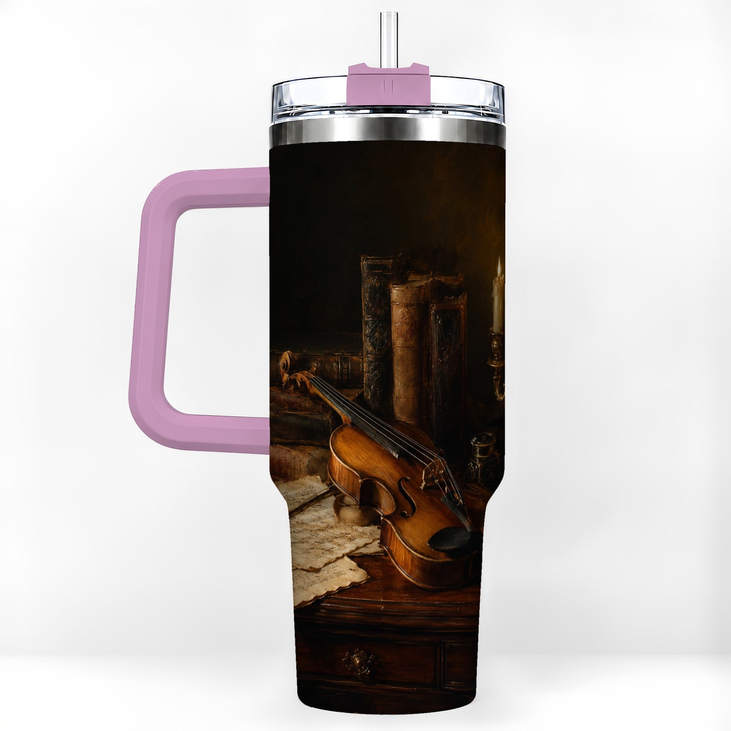 #pl[40oz|Pink] Violin Still Life 40oz Tumbler with Handle, Candlelit Music Scene