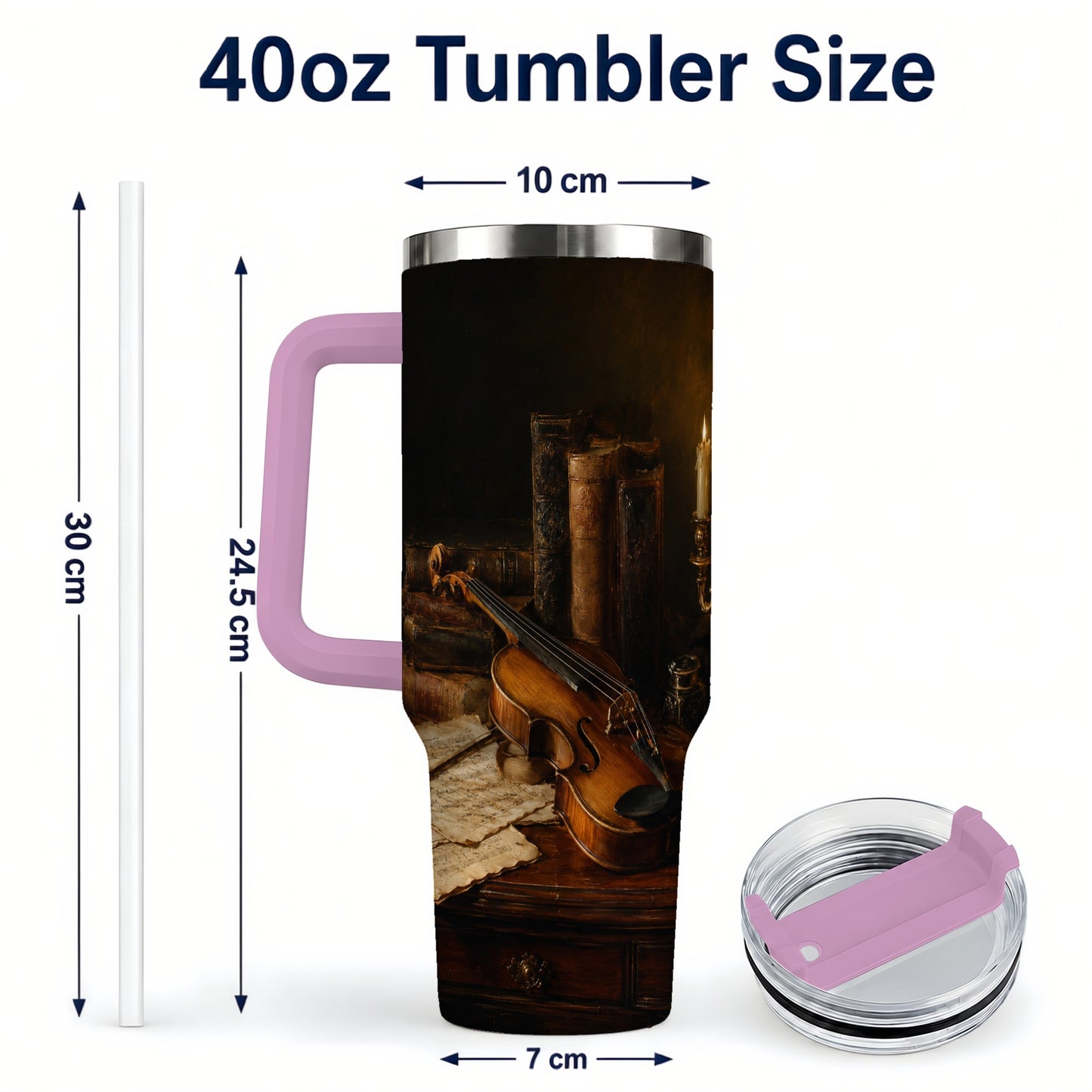 #pl[40oz|Pink] Violin Still Life 40oz Tumbler with Handle, Candlelit Music Scene