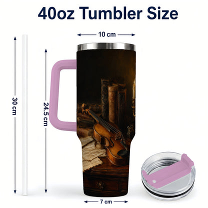 #pl[40oz|Pink] Violin Still Life 40oz Tumbler with Handle, Candlelit Music Scene